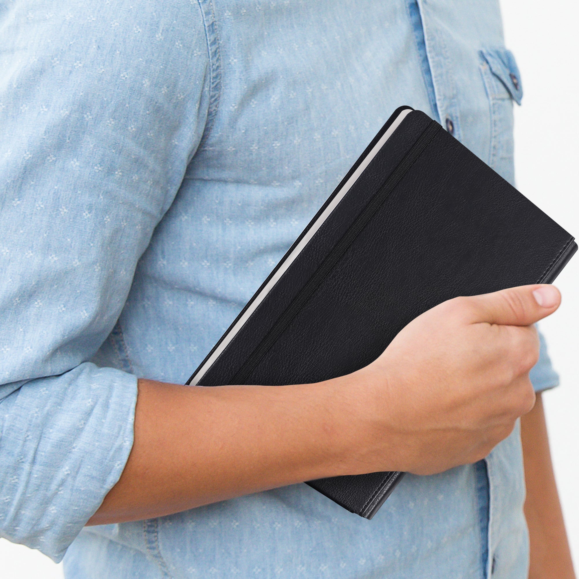 Thick Hardcover Notebook/Journal with A5 120gsm Premium Paper, College Ruled Bound Notebook with Pen Holder, Black Leather, 3 Ribbon Marker, Inner Pocket, 8.4 x 5.7 in