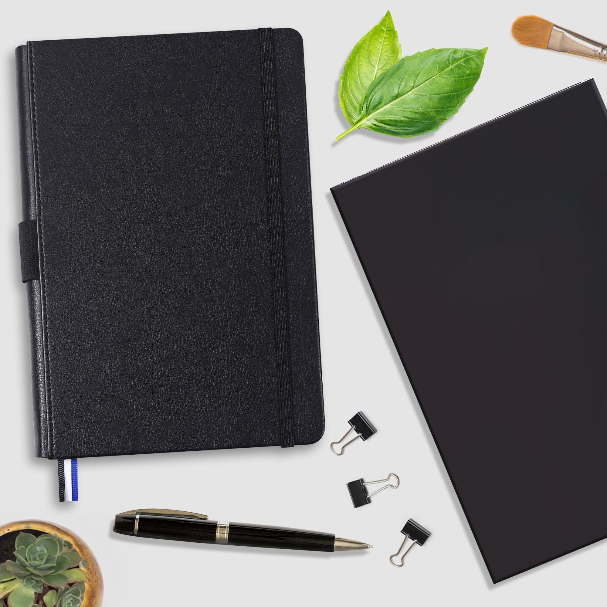 Thick Hardcover Notebook/Journal with A5 120gsm Premium Paper, College Ruled Bound Notebook with Pen Holder, Black Leather, 3 Ribbon Marker, Inner Pocket, 8.4 x 5.7 in