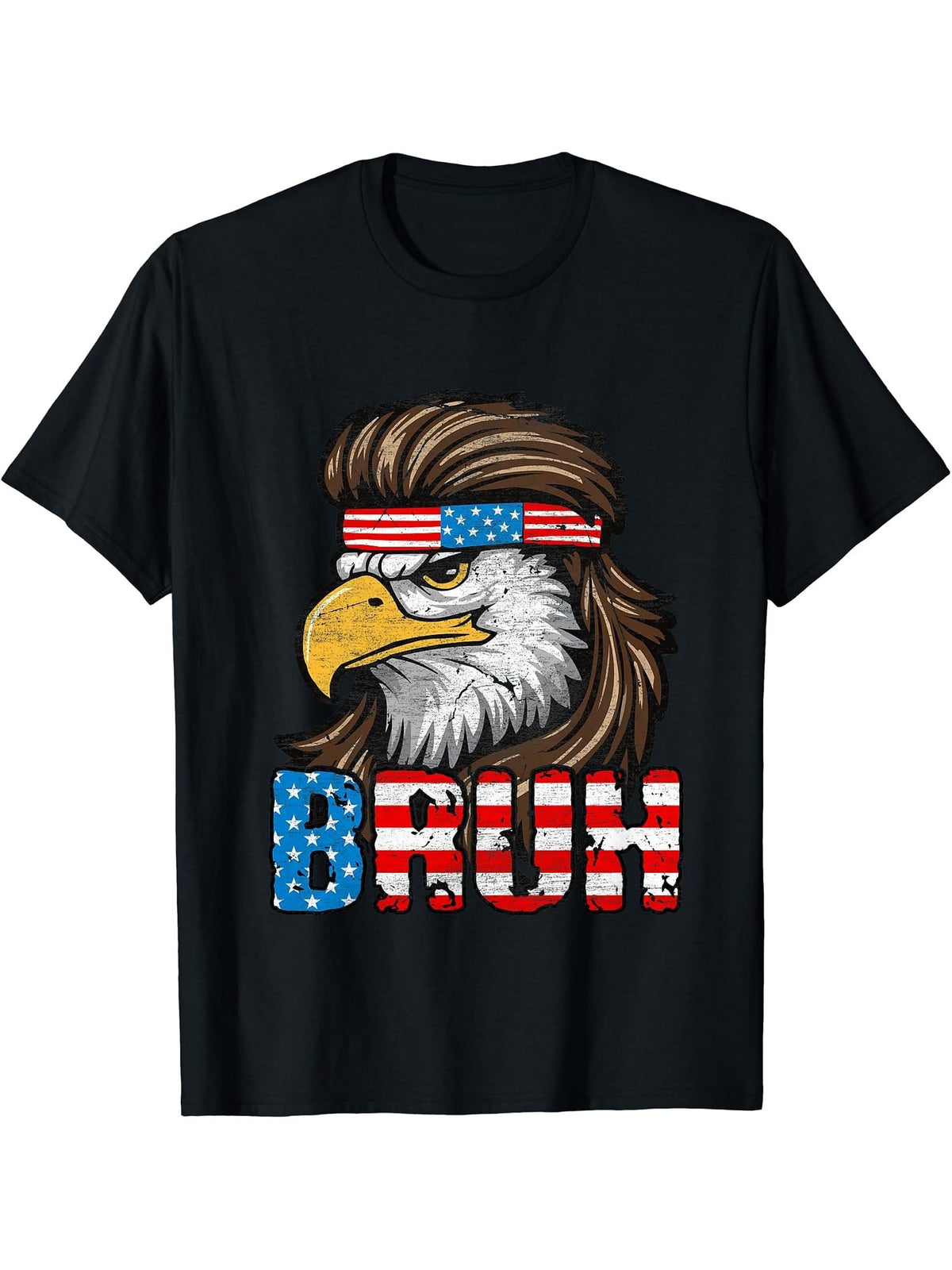 4th of July 2024 Bald Eagle American Flag Bruh Men Boys Boy Girl T-Shirt 180G 100% Cotton Printed Round Neck Short-Sleeve T-Shirt, Gifts for Men Dad Husband Grandpa, S-XXXL, Black