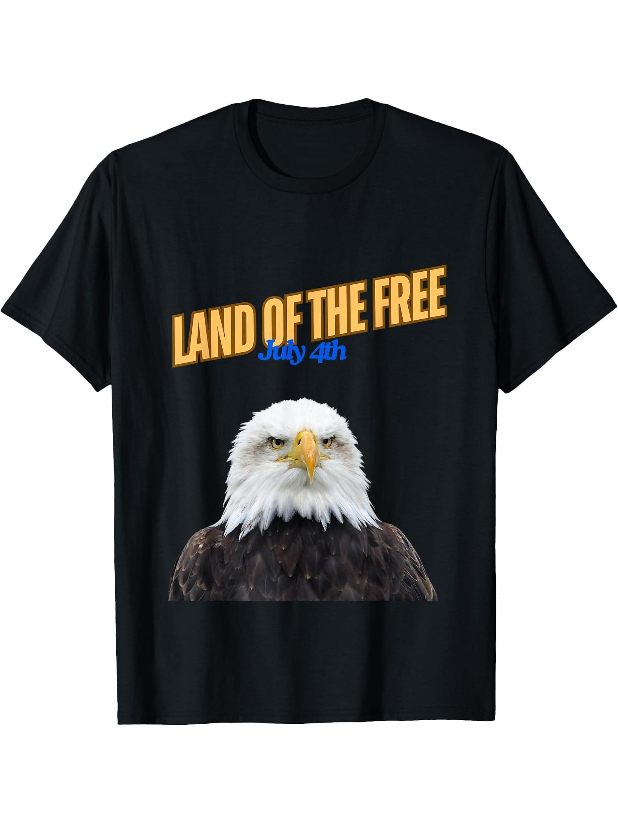 Bald Eagle 4th of July Land of The Free T-Shirt 180G 100% Cotton Printed Round Neck Short-Sleeve T-Shirt, Gifts for Men Dad Husband Grandpa, S-XXXL, Black