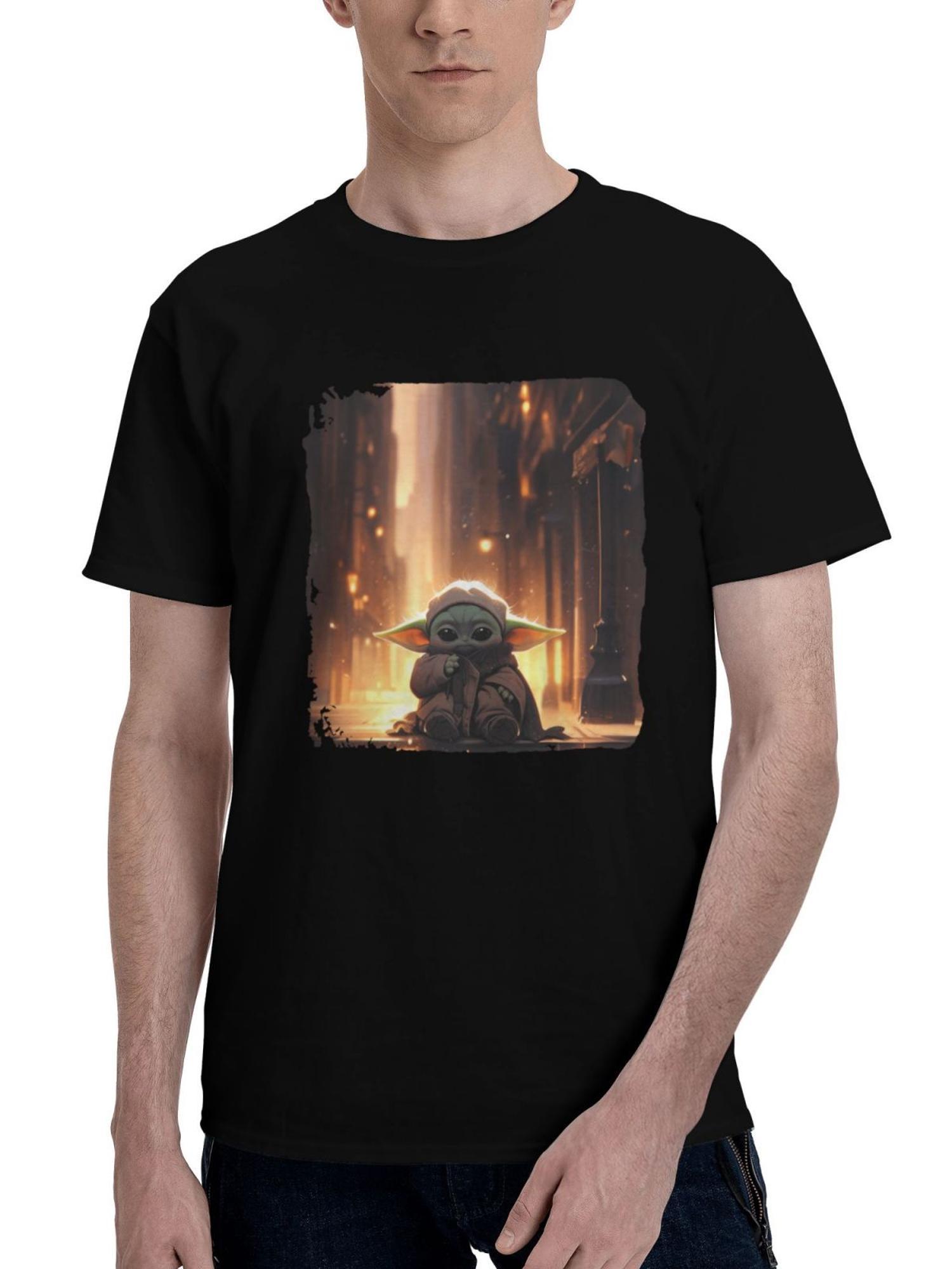 Baby Yoda 180G 100% Cotton Printed Round Neck Short-Sleeve T-Shirt, Christmas Gifts for Men Dad Husband Grandpa, S-XXXL, Black