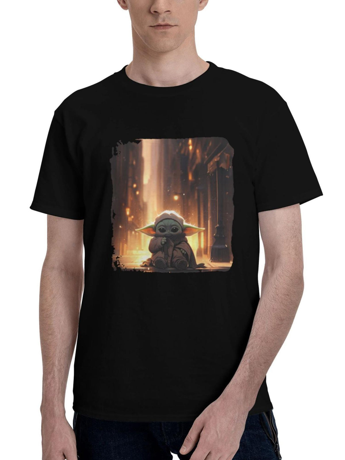 Baby Yoda 180G 100% Cotton Printed Round Neck Short-Sleeve T-Shirt, Christmas Gifts for Men Dad Husband Grandpa, S-XXXL, Black