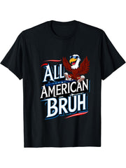 All American Bruh Bald Eagle Sunglasses Sneakers 4th Of July T-Shirt 180G 100% Cotton Printed Round Neck Short-Sleeve T-Shirt, Gifts for Men Dad Husband Grandpa, S-XXXL, Black