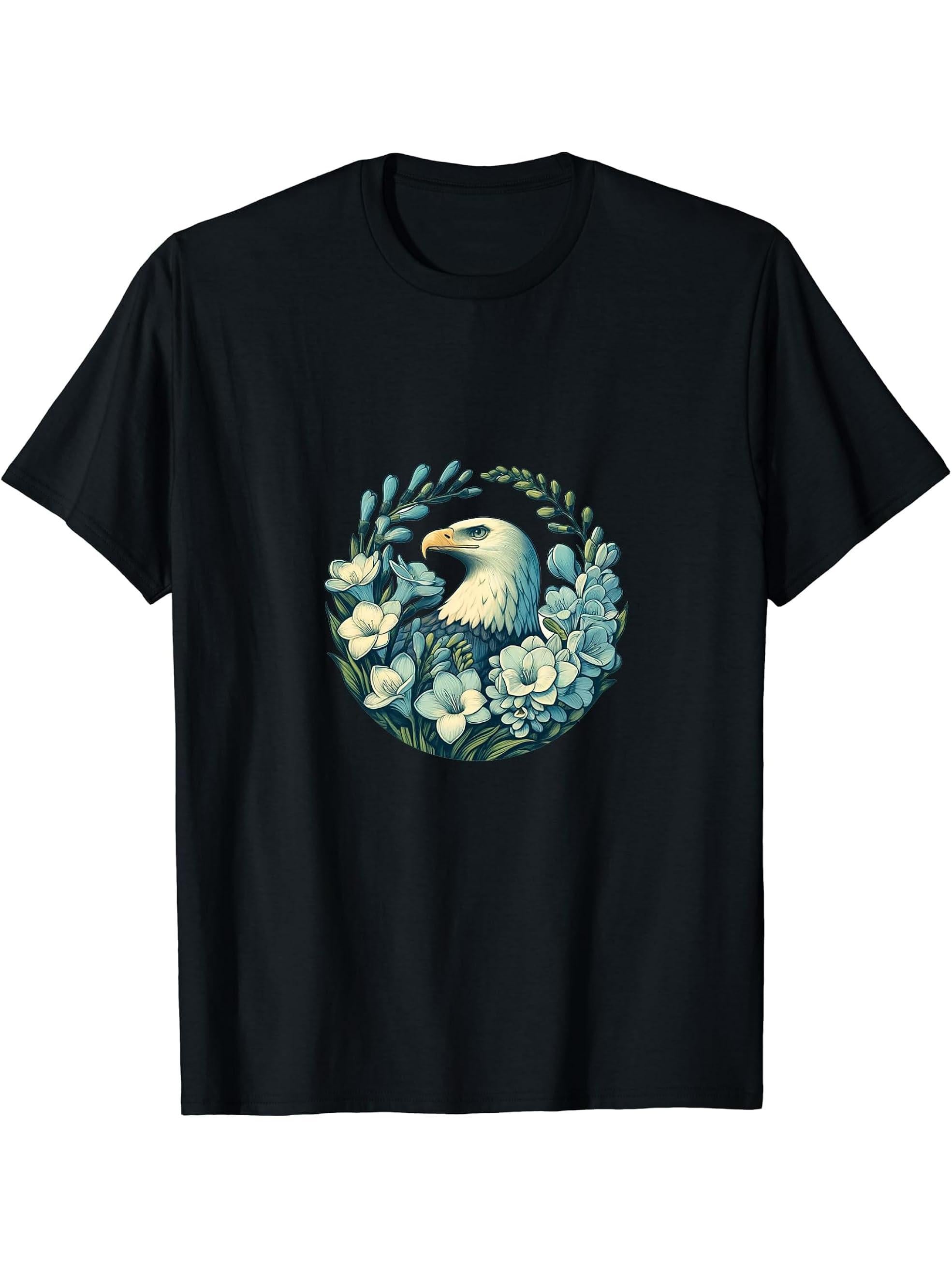 Bald Eagle Art Flowers for the 4th of July T-Shirt 180G 100% Cotton Printed Round Neck Short-Sleeve T-Shirt, Gifts for Men Dad Husband Grandpa, S-XXXL, Black