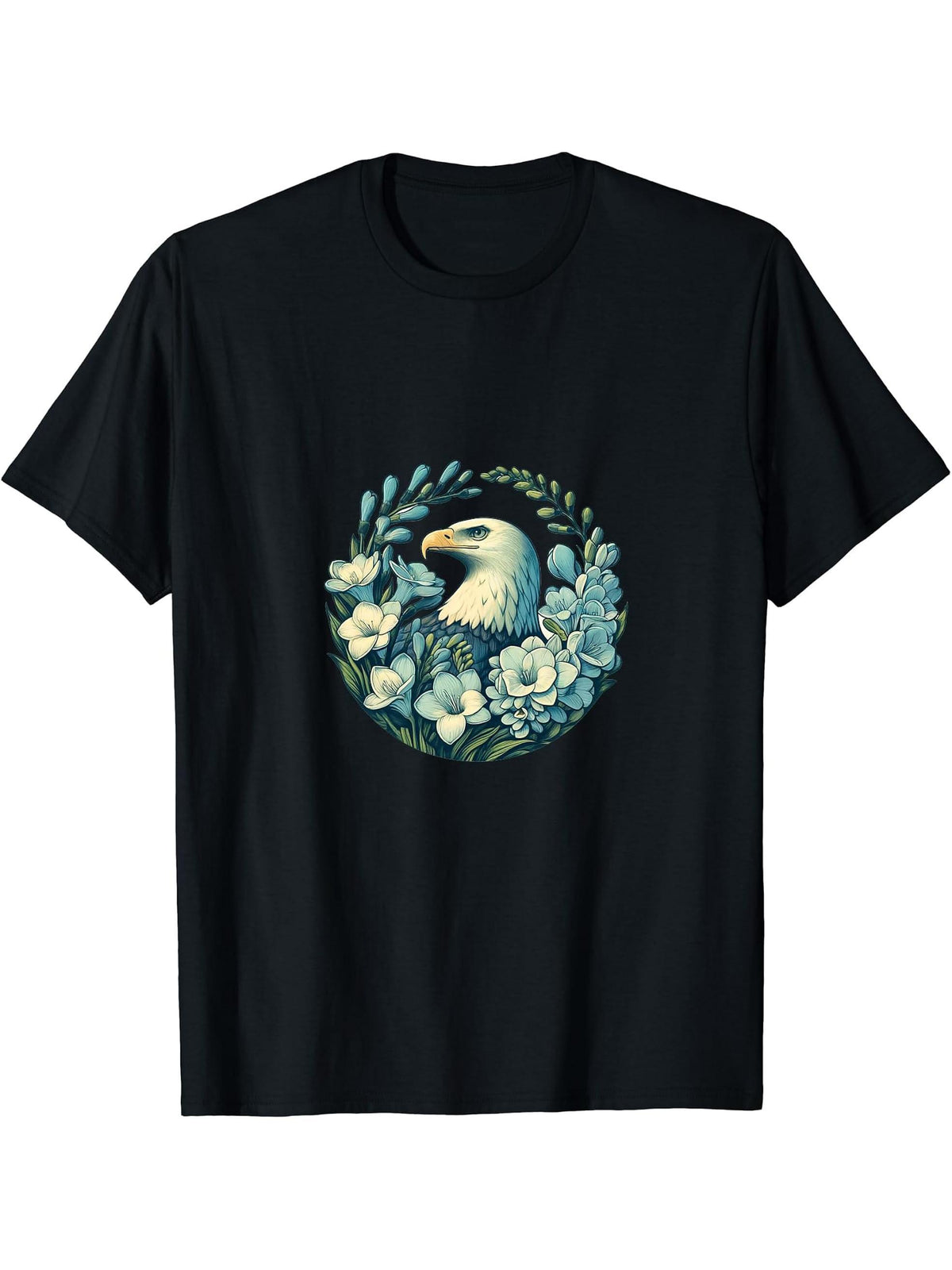 Bald Eagle Art Flowers for the 4th of July T-Shirt 180G 100% Cotton Printed Round Neck Short-Sleeve T-Shirt, Gifts for Men Dad Husband Grandpa, S-XXXL, Black