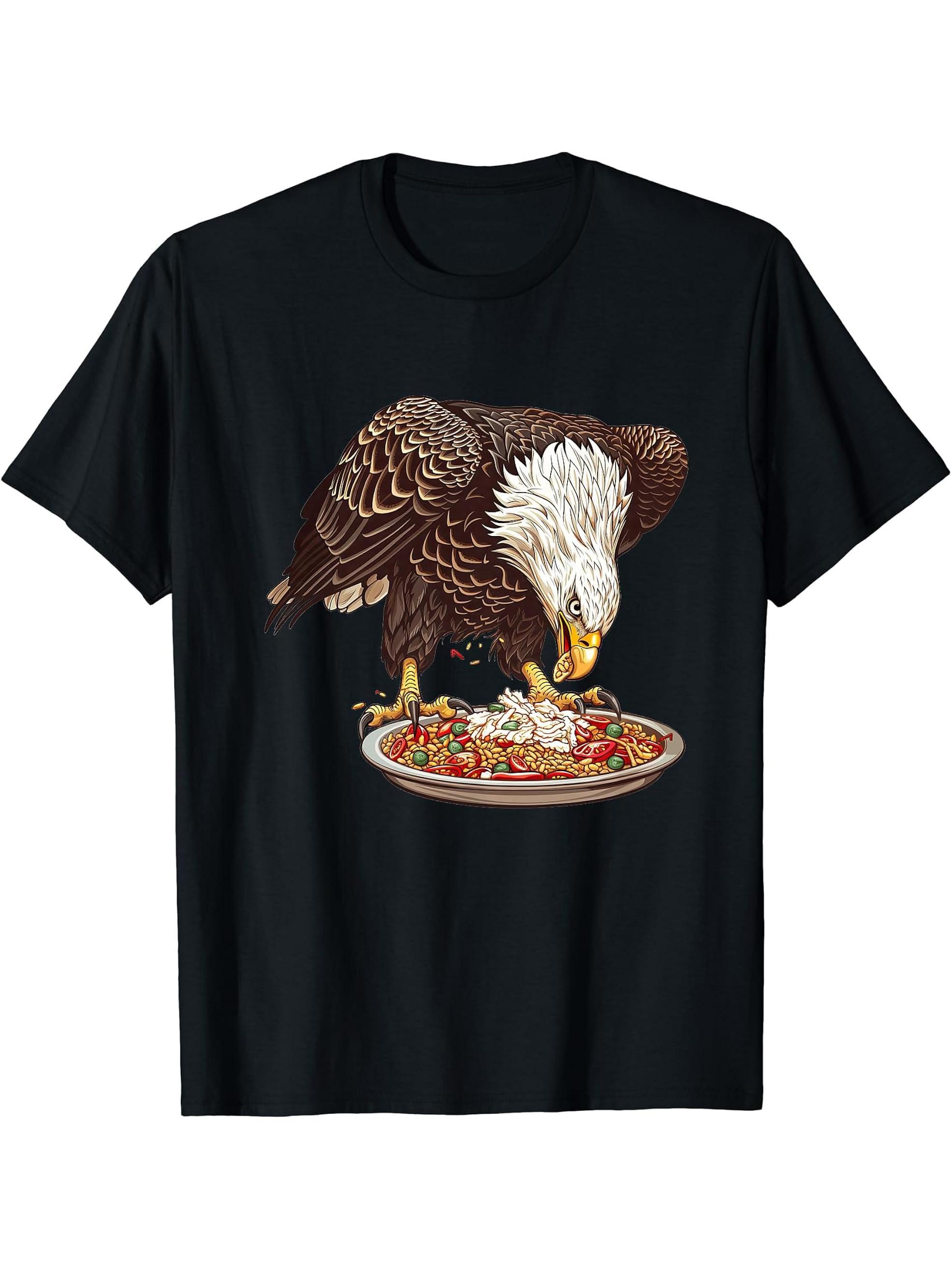 Bald Eagle Eating Paella T-Shirt 180G 100% Cotton Printed Round Neck Short-Sleeve T-Shirt, Gifts for Men Dad Husband Grandpa, S-XXXL, Black