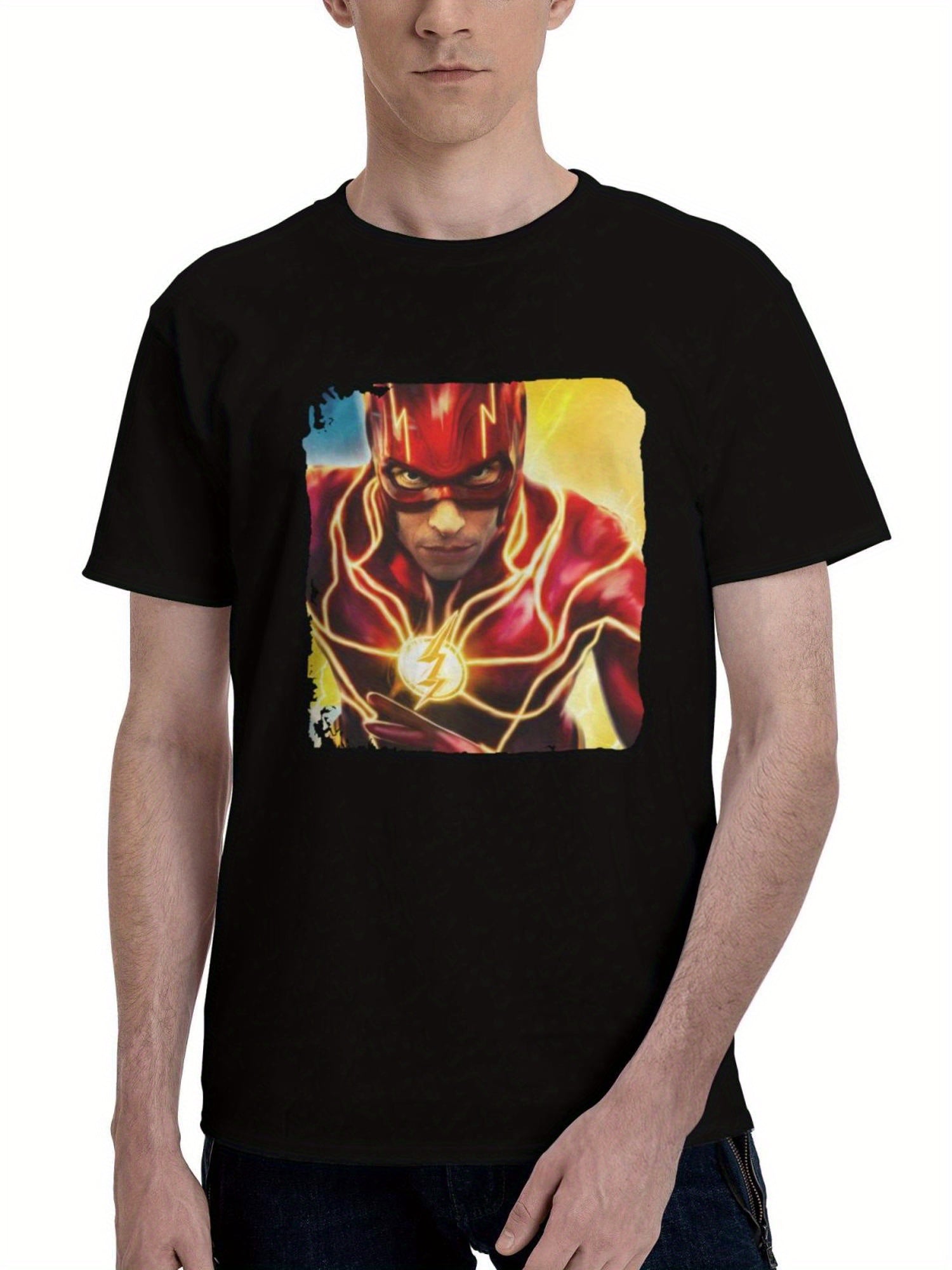 2023 The Flash Movie La 180G 100% Cotton Printed Round Neck Short-Sleeve T-Shirt, Christmas Gifts for Men Dad Husband Grandpa, S-XXXL, Black