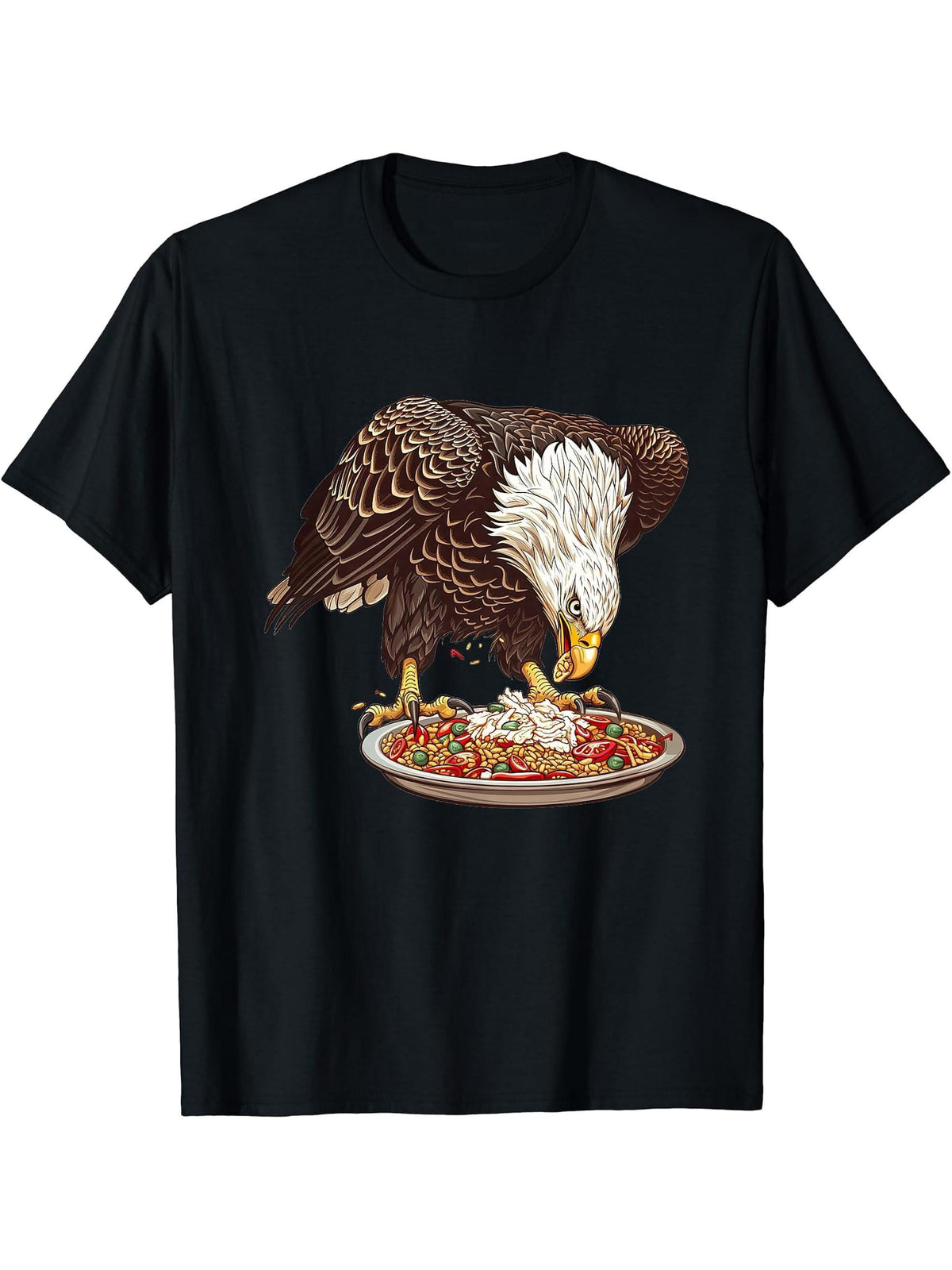 Bald Eagle Eating Paella T-Shirt 180G 100% Cotton Printed Round Neck Short-Sleeve T-Shirt, Gifts for Men Dad Husband Grandpa, S-XXXL, Black