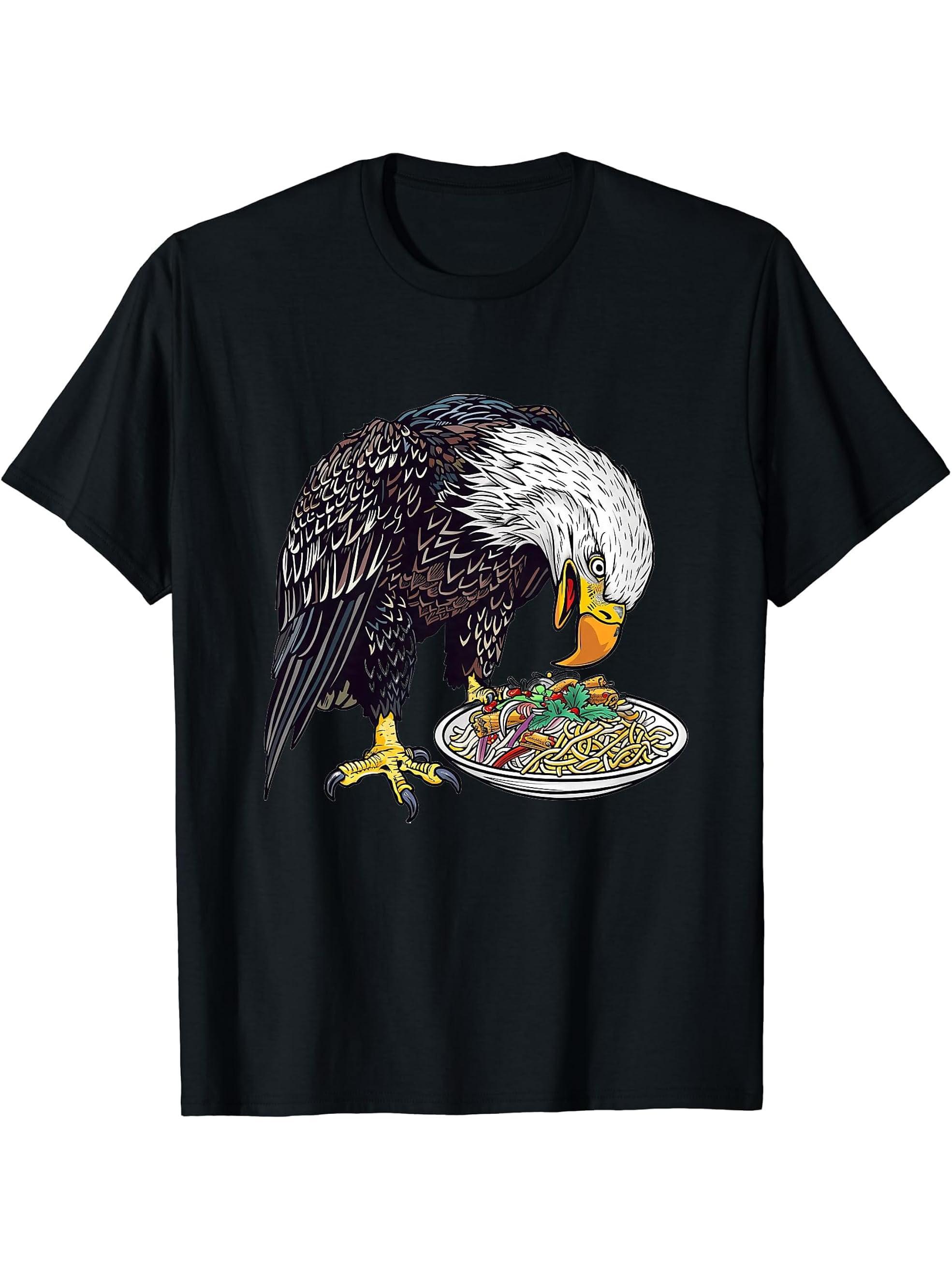 Bald Eagle Eating Nasi Goreng T-Shirt 180G 100% Cotton Printed Round Neck Short-Sleeve T-Shirt, Gifts for Men Dad Husband Grandpa, S-XXXL, Black