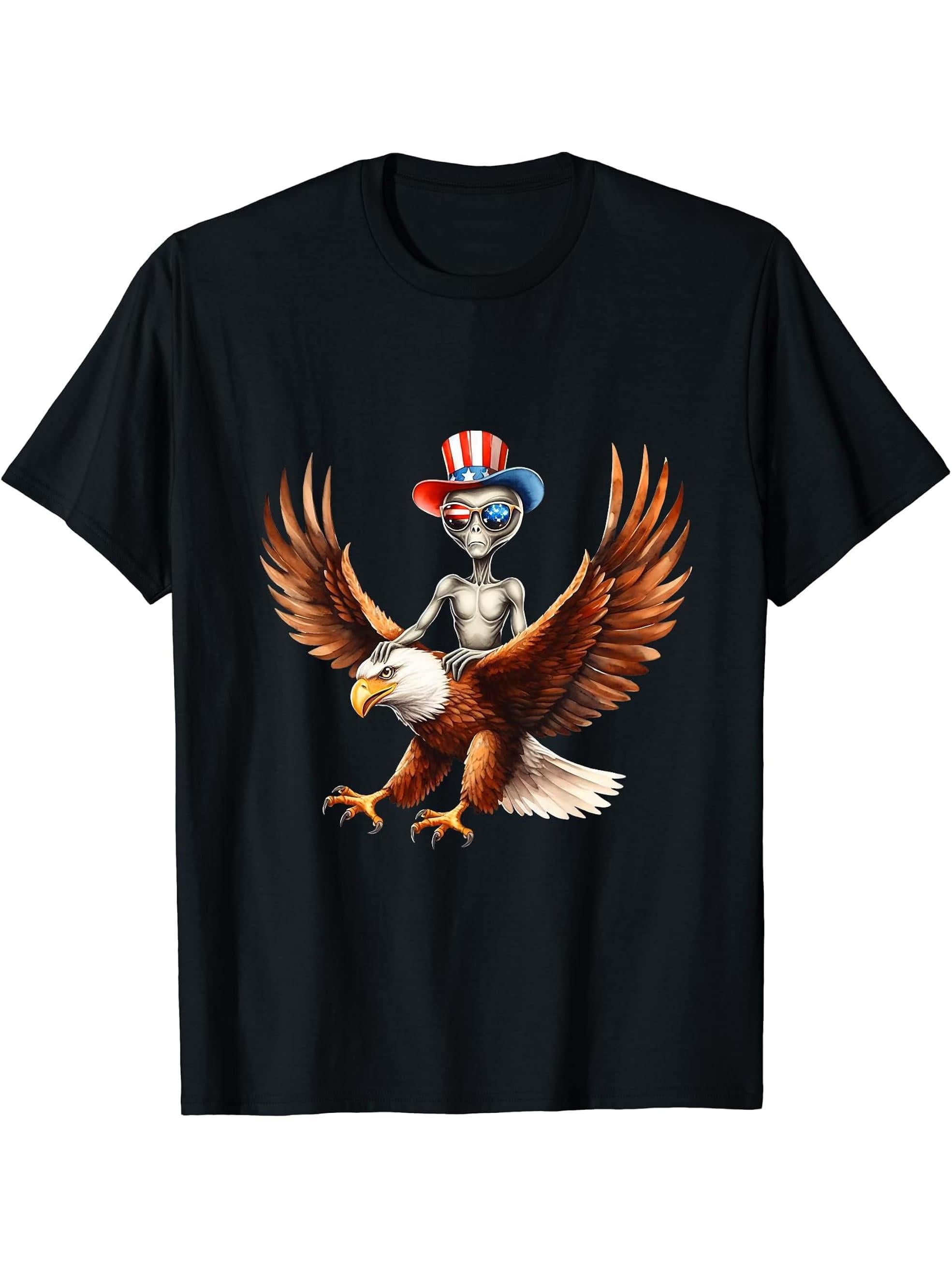 Bald Eagle Alien Space American Flag 4th Of July Patriotic T-Shirt 180G 100% Cotton Printed Round Neck Short-Sleeve T-Shirt, Gifts for Men Dad Husband Grandpa, S-XXXL, Black
