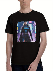 Batgirl In Tokyo 180G 100% Cotton Printed Round Neck Short-Sleeve T-Shirt, Christmas Gifts for Men Dad Husband Grandpa, S-XXXL, Black