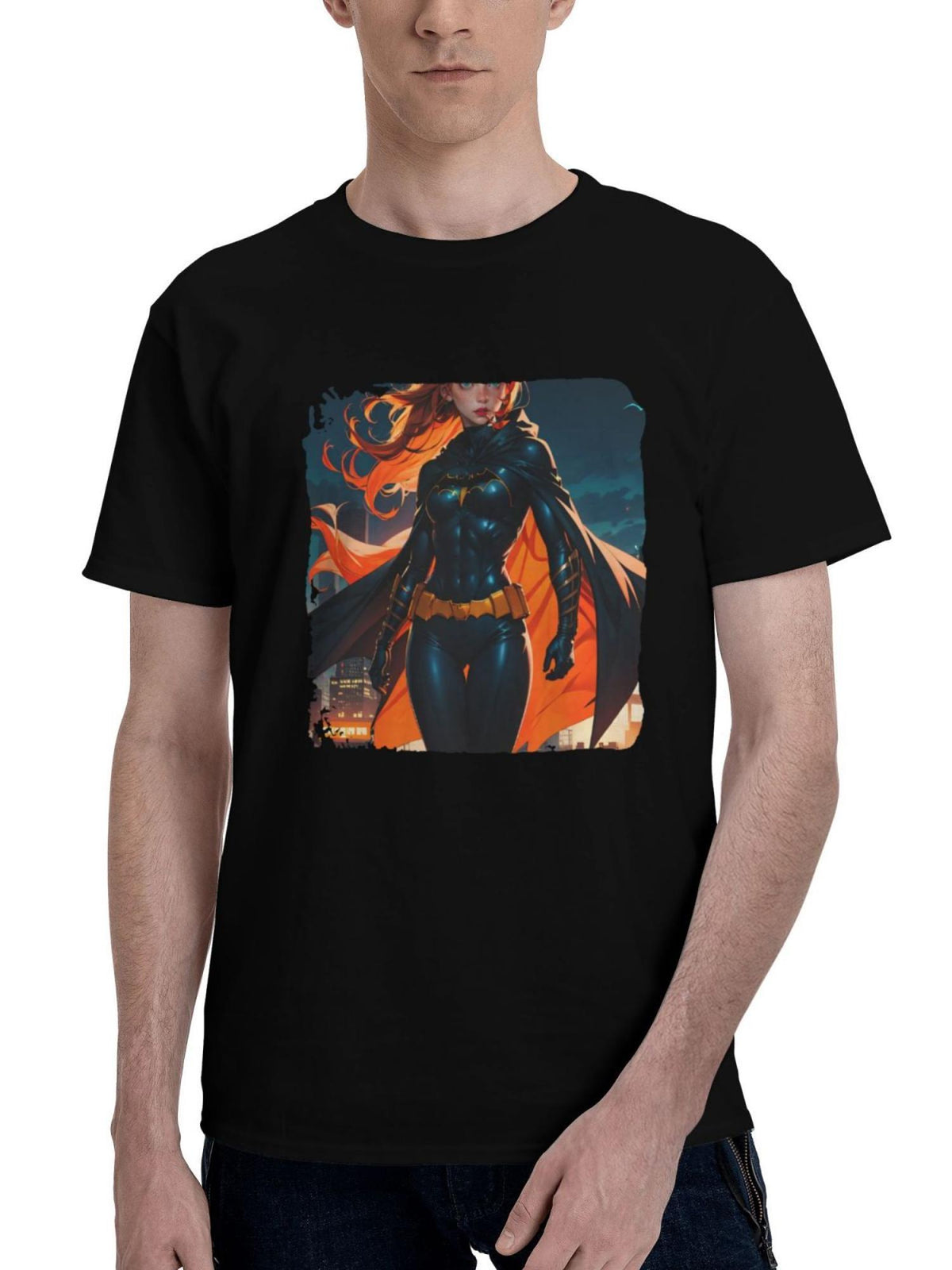 Batgirl Watch From The Rooftop 180G 100% Cotton Printed Round Neck Short-Sleeve T-Shirt, Christmas Gifts for Men Dad Husband Grandpa, S-XXXL, Black