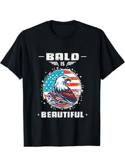 Bald Is Beautiful 4th of July Bald Eagle USA All American T-Shirt 180G 100% Cotton Printed Round Neck Short-Sleeve T-Shirt, Gifts for Men Dad Husband Grandpa, S-XXXL, Black