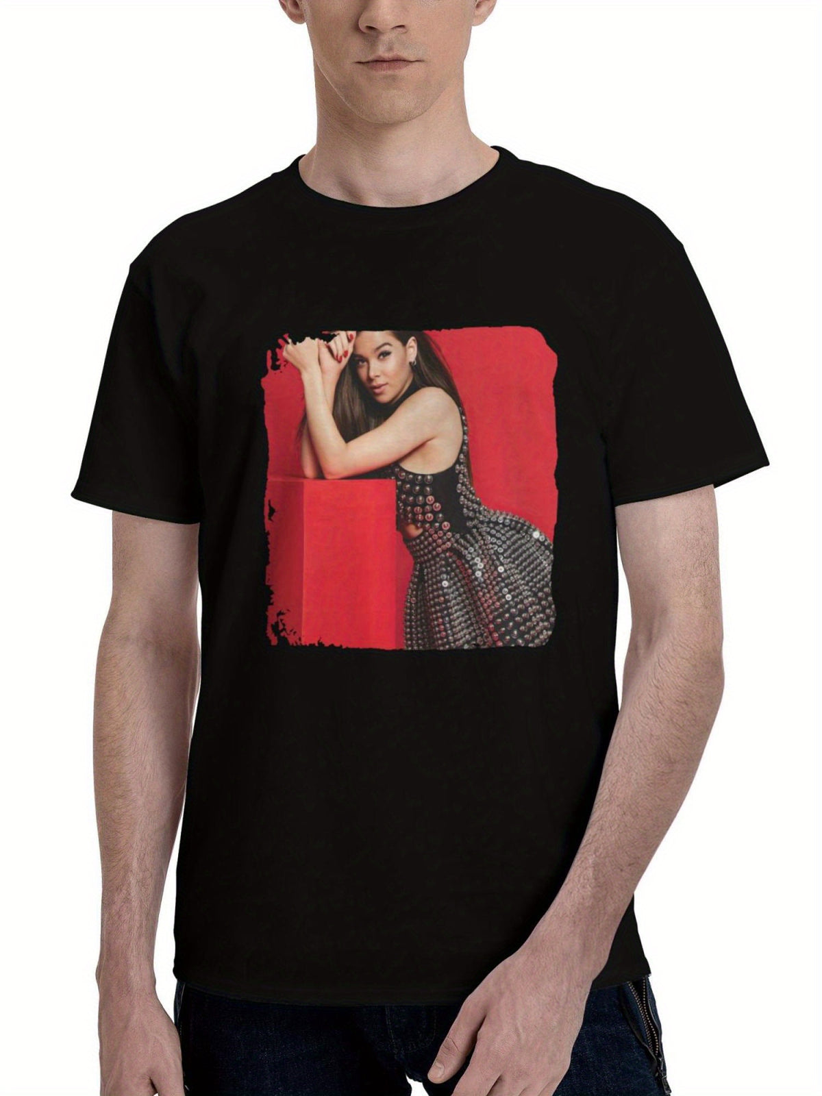 2024 Hailee Steinfeld 180G 100% Cotton Printed Round Neck Short-Sleeve T-Shirt, Christmas Gifts for Men Dad Husband Grandpa, S-XXXL, Black