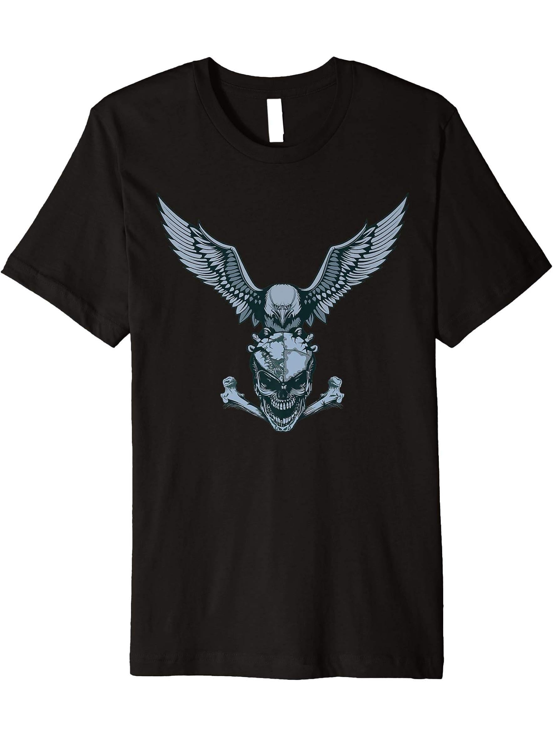 Bald Eagle & Skull/ Crossbones Premium T-Shirt 180G 100% Cotton Printed Round Neck Short-Sleeve T-Shirt, Gifts for Men Dad Husband Grandpa, S-XXXL, Black