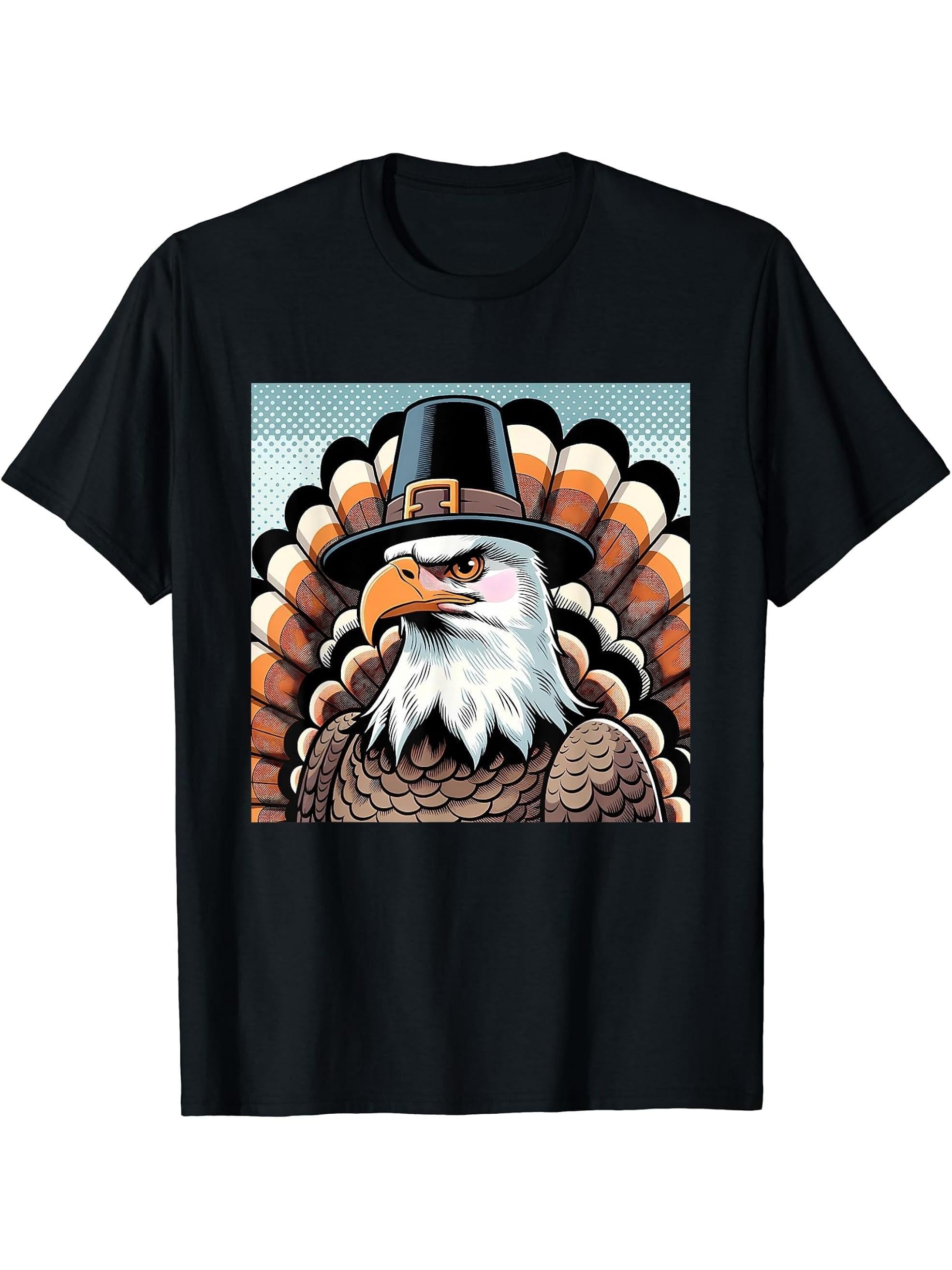 Humor Thanksgiving Turkey Bald Eagle T-Shirt 180G 100% Cotton Printed Round Neck Short-Sleeve T-Shirt, Gifts for Men Dad Husband Grandpa, S-XXXL, Black