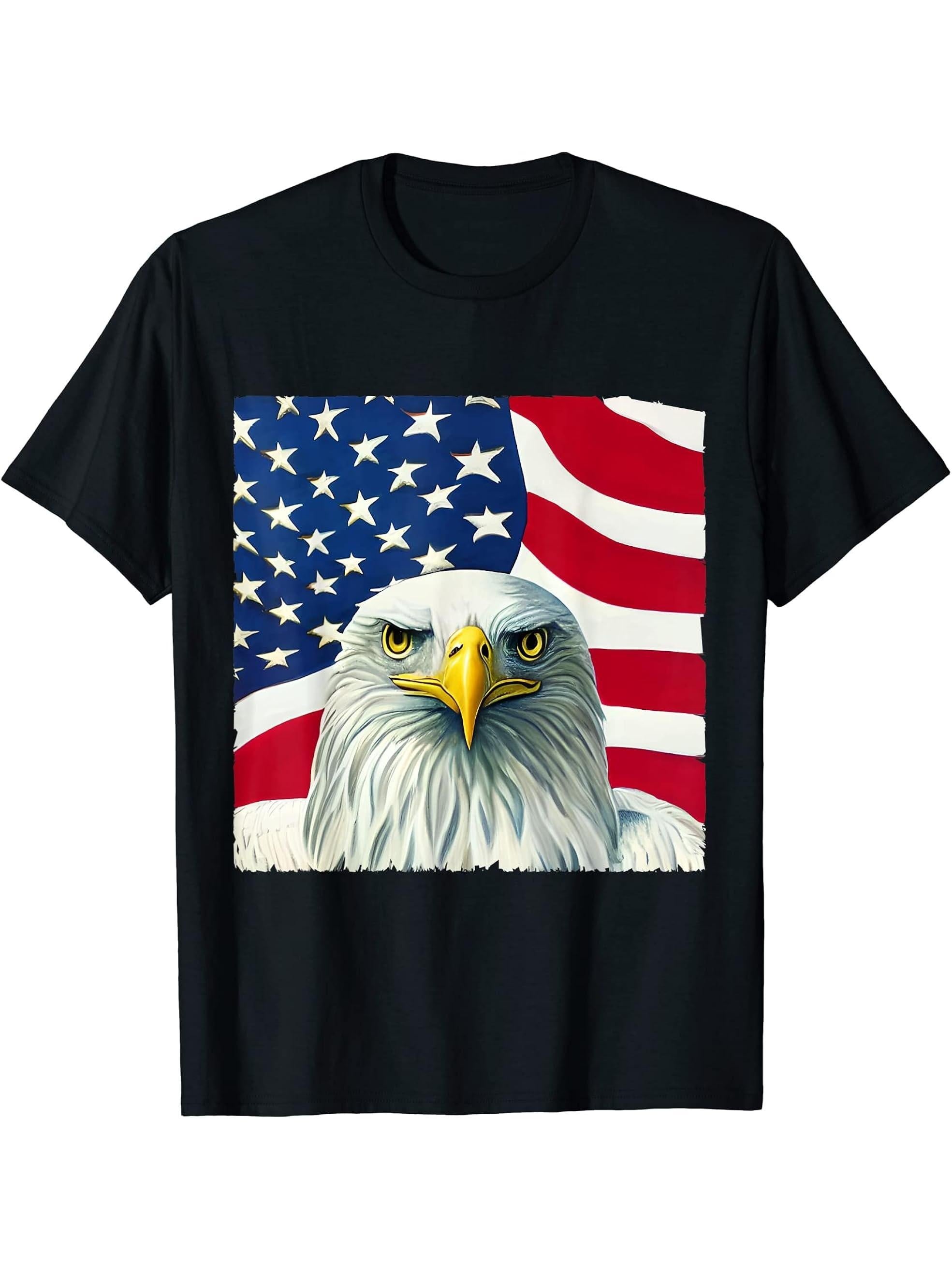 American Bald Eagle 4th of July USA Flag T-Shirt 180G 100% Cotton Printed Round Neck Short-Sleeve T-Shirt, Gifts for Men Dad Husband Grandpa, S-XXXL, Black