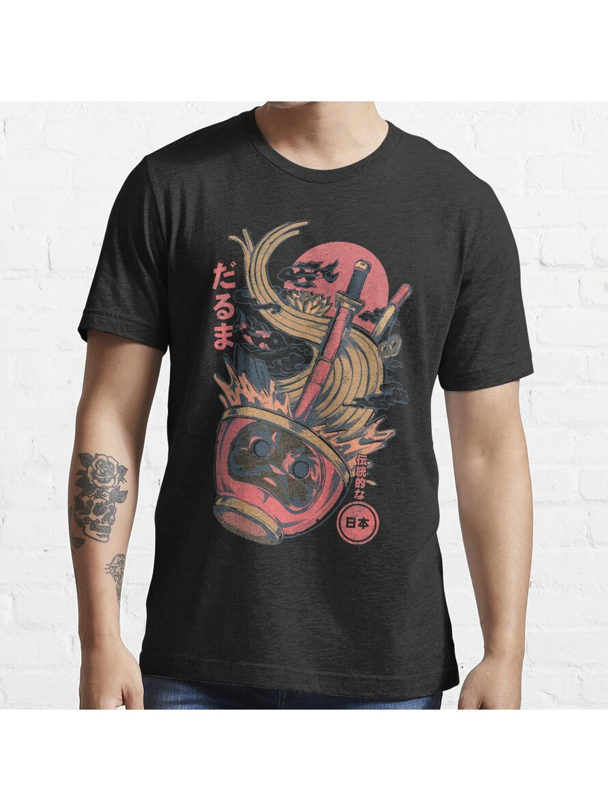 Daruma Ramen - White Essential T-Shirt 100% Cotton, Gifts for Men Dad Husband Grandpa, S-XXXL, Black