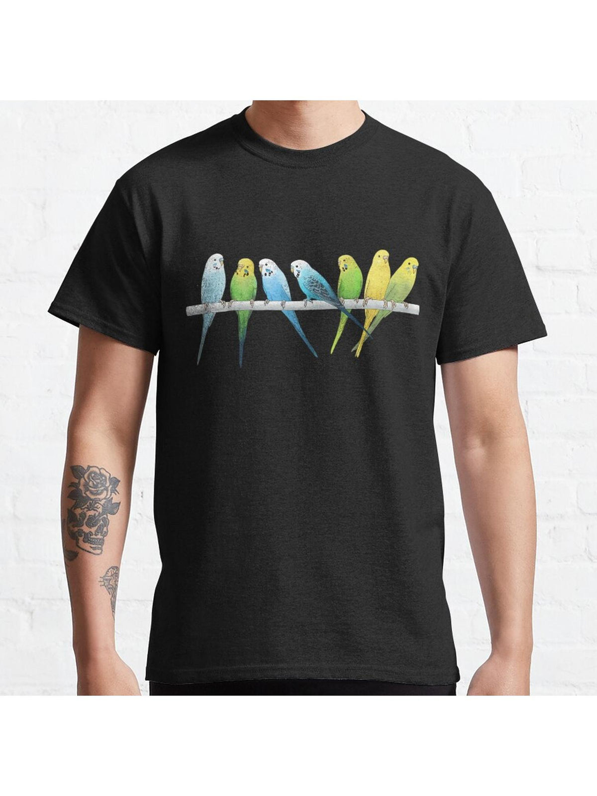 Rows of Budgies pet birds sitting on a perch a on white background Classic T-Shirt 100% Cotton, Gifts for Men Dad Husband Grandpa, S-XXXL, Black