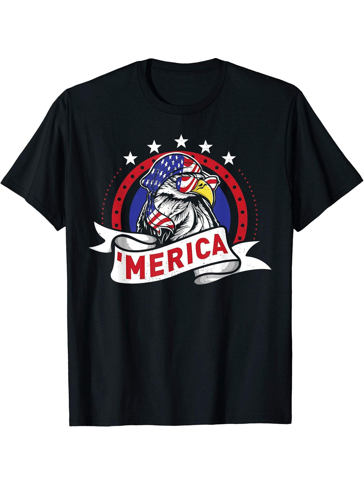 Fun 'Merica Gift TShirt Bald Eagle 4th July Tee T-Shirt 180G 100% Cotton Printed Round Neck Short-Sleeve T-Shirt, Gifts for Men Dad Husband Grandpa, S-XXXL, Black