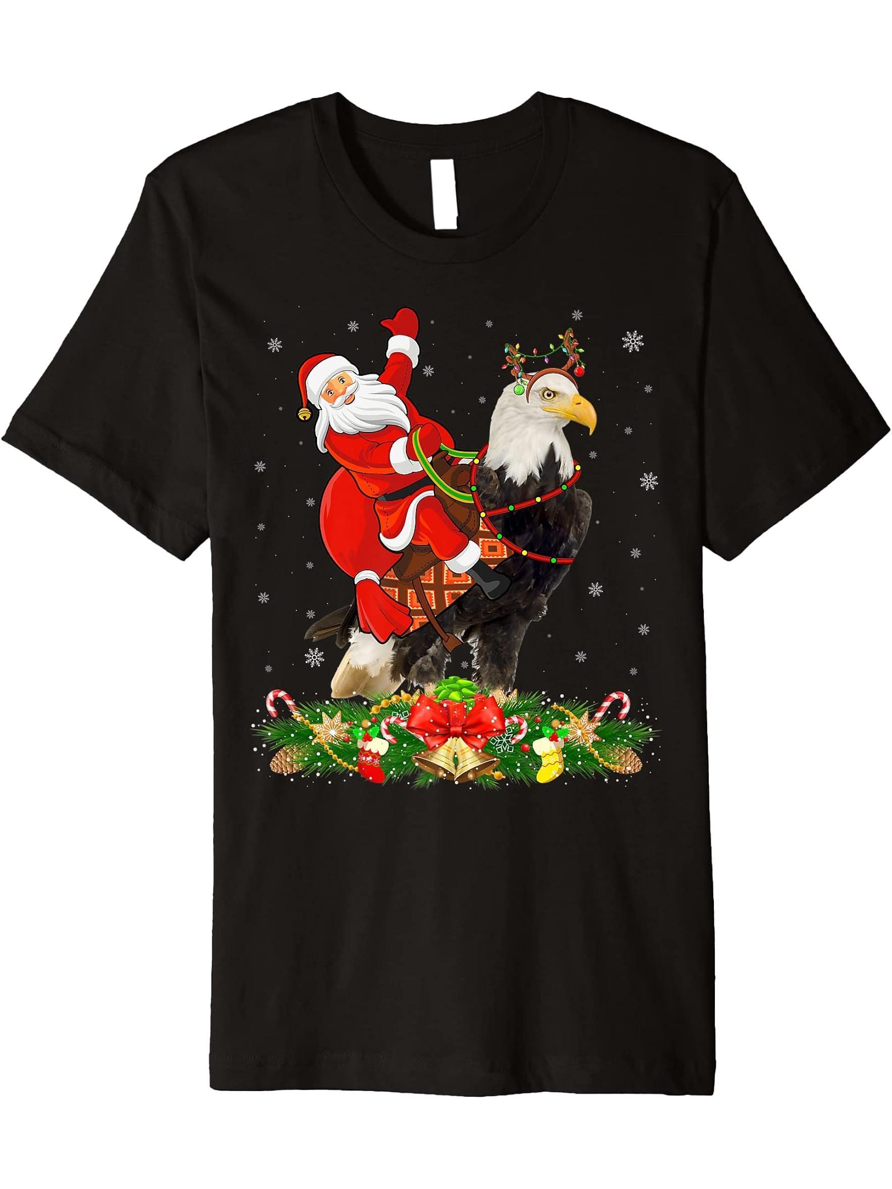 Bald Eagle Bird Xmas Funny Santa Riding Bald Eagle Christmas Premium T-Shirt 180G 100% Cotton Printed Round Neck Short-Sleeve T-Shirt, Gifts for Men Dad Husband Grandpa, S-XXXL, Black