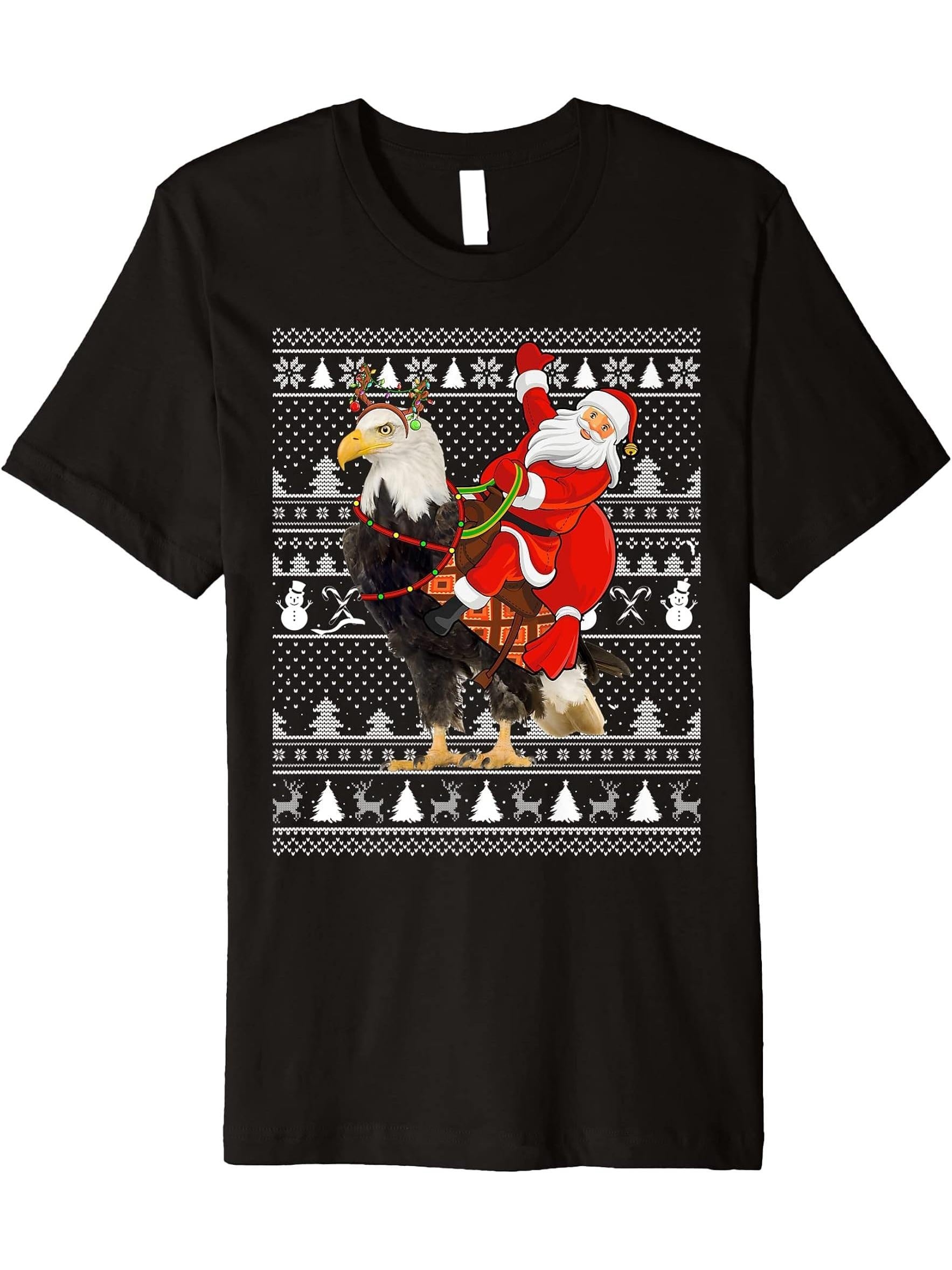 Bald Eagle Bird Lover Santa Riding Bald Eagle Ugly Christmas Premium T-Shirt 180G 100% Cotton Printed Round Neck Short-Sleeve T-Shirt, Gifts for Men Dad Husband Grandpa, S-XXXL, Black