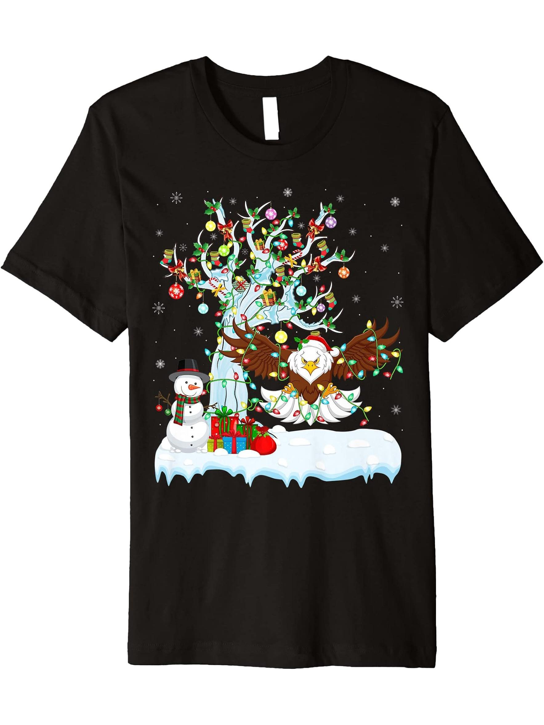 Bald Eagle Xmas Tree Lighting Santa Hat Bald Eagle Christmas Premium T-Shirt 180G 100% Cotton Printed Round Neck Short-Sleeve T-Shirt, Gifts for Men Dad Husband Grandpa, S-XXXL, Black