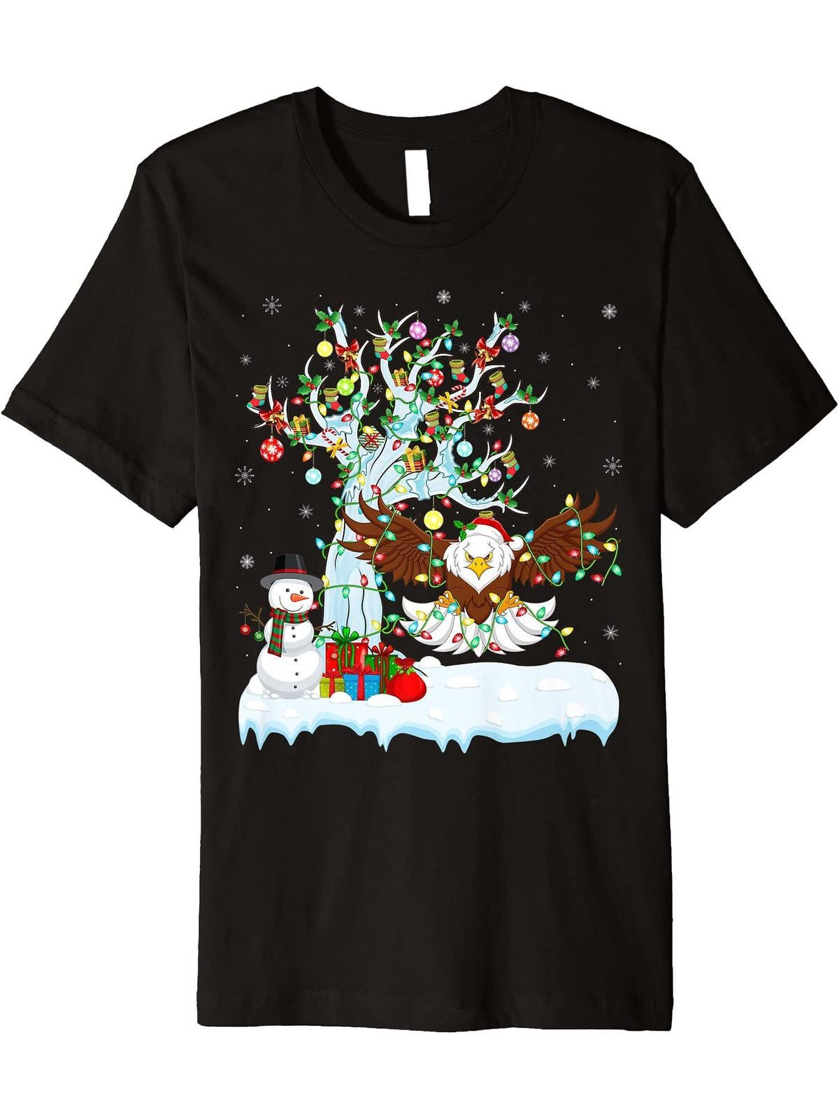 Bald Eagle Xmas Tree Lighting Santa Hat Bald Eagle Christmas Premium T-Shirt 180G 100% Cotton Printed Round Neck Short-Sleeve T-Shirt, Gifts for Men Dad Husband Grandpa, S-XXXL, Black