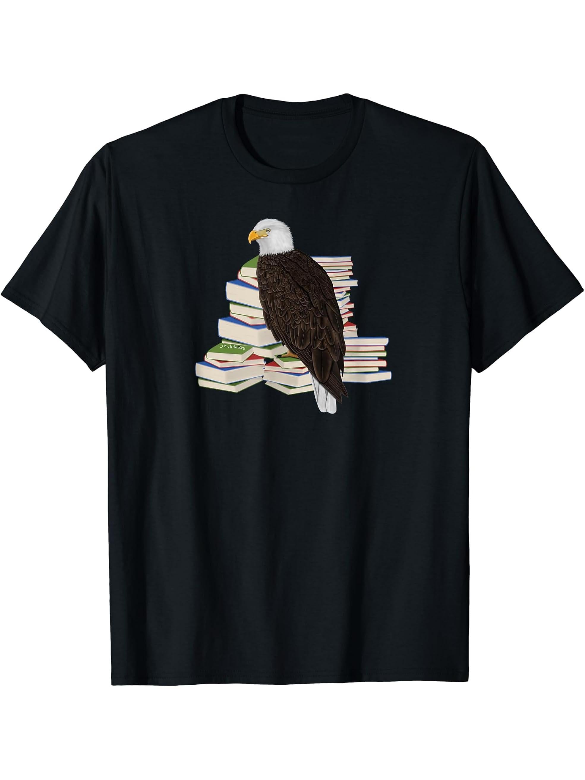 Bald Eagle Birds and Books Reading Bird Watching Bookworm T-Shirt 180G 100% Cotton Printed Round Neck Short-Sleeve T-Shirt, Gifts for Men Dad Husband Grandpa, S-XXXL, Black