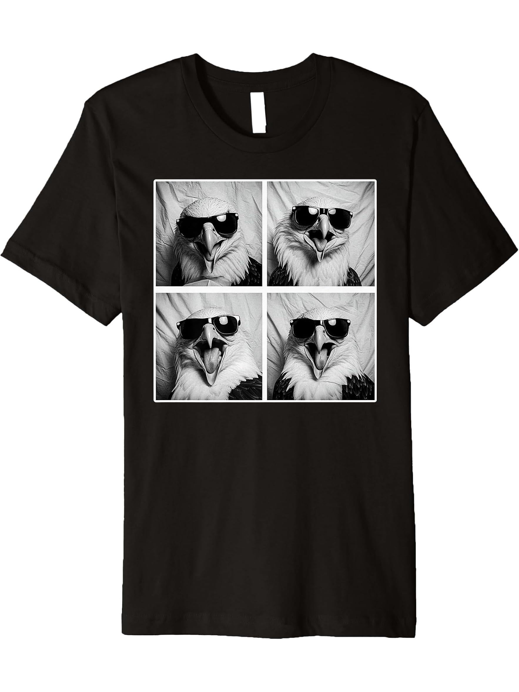 Funny Bald Eagle Wearing Sunglasses Photobooth Bird Selfie Premium T-Shirt 180G 100% Cotton Printed Round Neck Short-Sleeve T-Shirt, Gifts for Men Dad Husband Grandpa, S-XXXL, Black