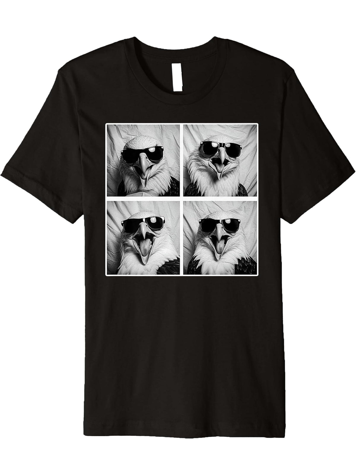 Funny Bald Eagle Wearing Sunglasses Photobooth Bird Selfie Premium T-Shirt 180G 100% Cotton Printed Round Neck Short-Sleeve T-Shirt, Gifts for Men Dad Husband Grandpa, S-XXXL, Black