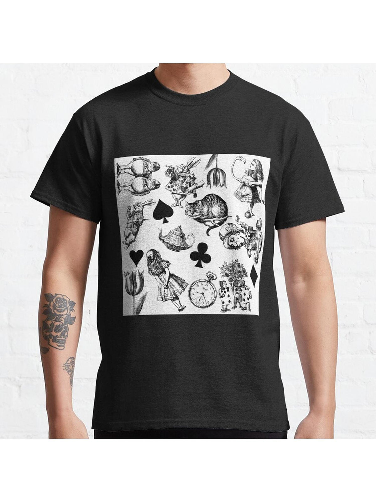 Alice's Adventures in Wonderland White Rabbit Mad Hatter Classic T-Shirt 100% Cotton, Gifts for Men Dad Husband Grandpa, S-XXXL, Black