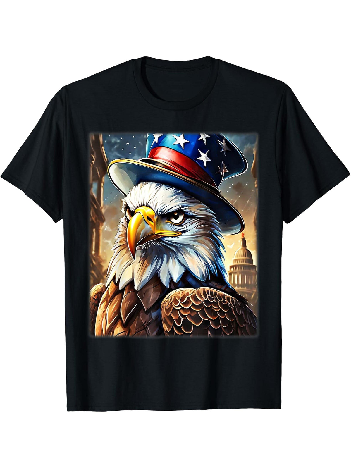 American Capitol Meme Bald Eagle Patriotic Flag Lincoln Hat T-Shirt 180G 100% Cotton Printed Round Neck Short-Sleeve T-Shirt, Gifts for Men Dad Husband Grandpa, S-XXXL, Black