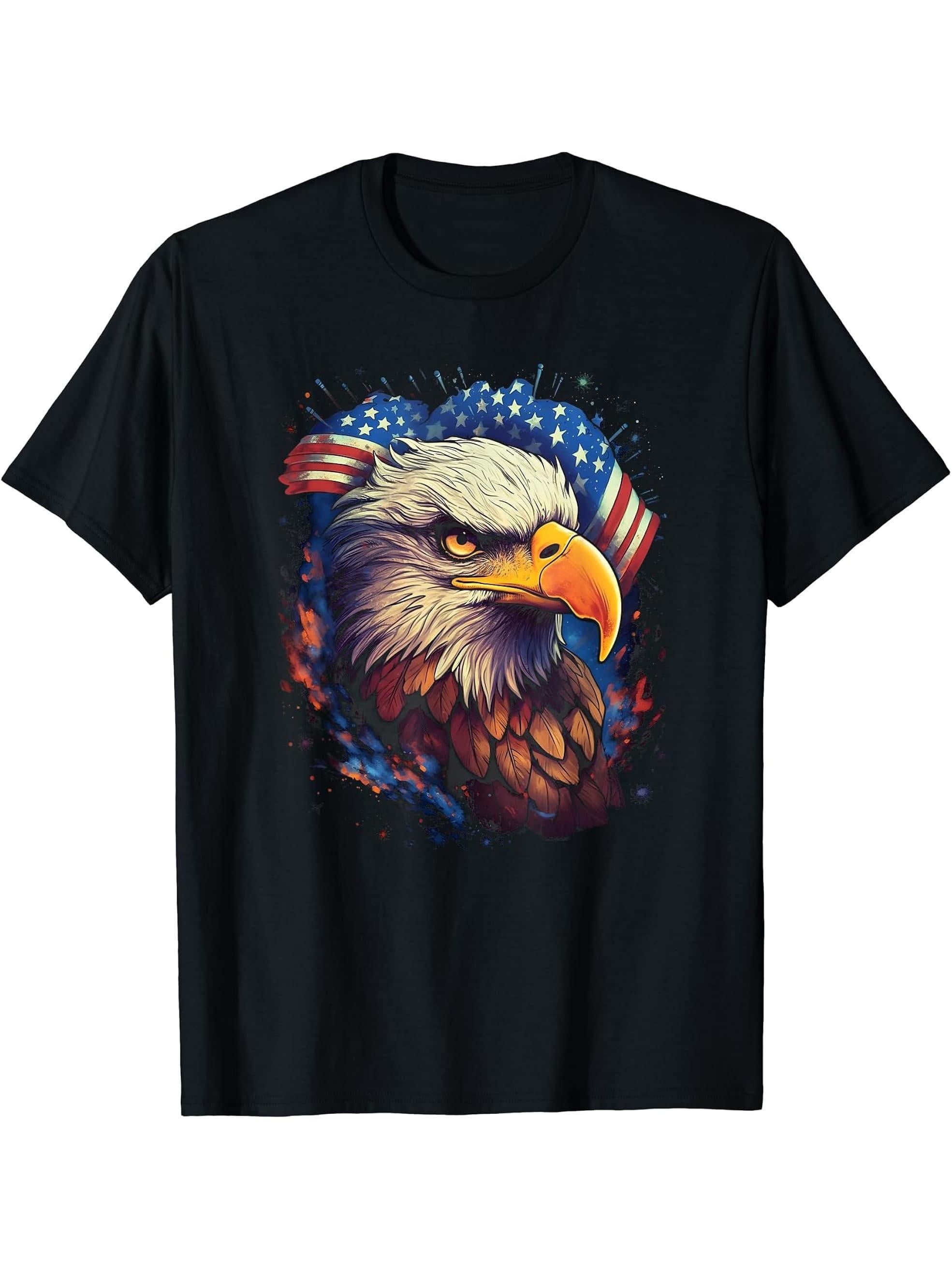 American Bald Eagle Retro Design July 4th Independence Day T-Shirt 180G 100% Cotton Printed Round Neck Short-Sleeve T-Shirt, Gifts for Men Dad Husband Grandpa, S-XXXL, Black