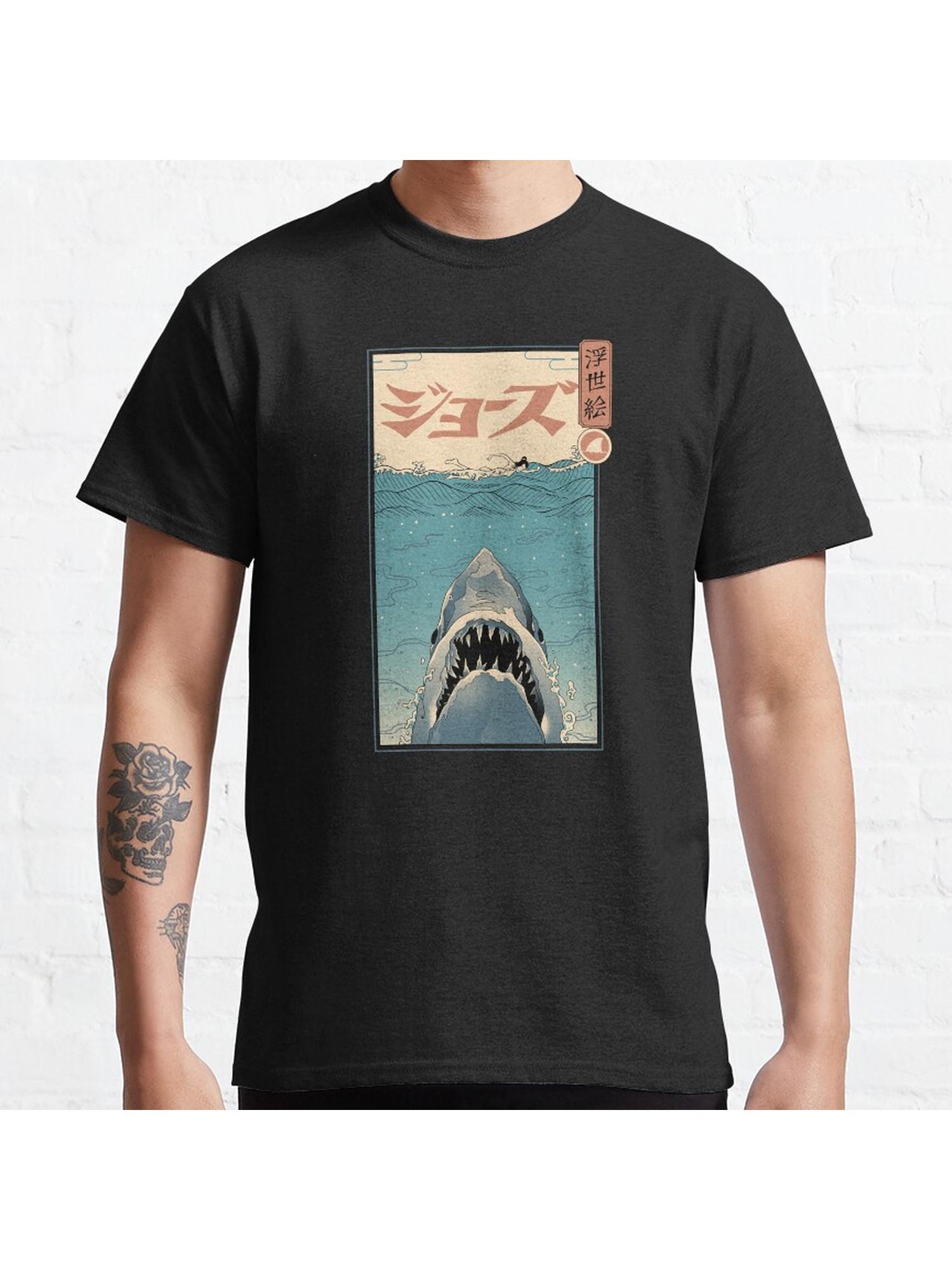 Shark Ukiyo-e Classic T-Shirt 100% Cotton, Gifts for Men Dad Husband Grandpa, S-XXXL, Black