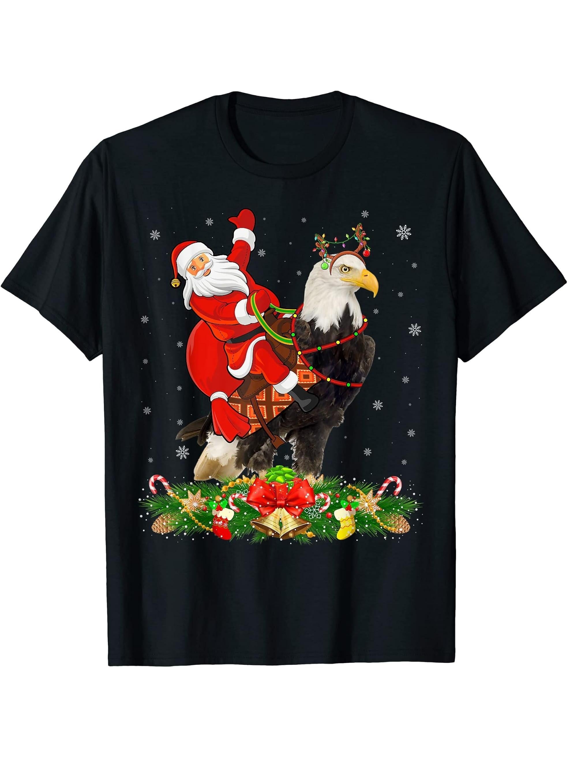 Bald Eagle Bird Xmas Funny Santa Riding Bald Eagle Christmas T-Shirt 180G 100% Cotton Printed Round Neck Short-Sleeve T-Shirt, Gifts for Men Dad Husband Grandpa, S-XXXL, Black