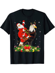 Bald Eagle Bird Xmas Funny Santa Riding Bald Eagle Christmas T-Shirt 180G 100% Cotton Printed Round Neck Short-Sleeve T-Shirt, Gifts for Men Dad Husband Grandpa, S-XXXL, Black