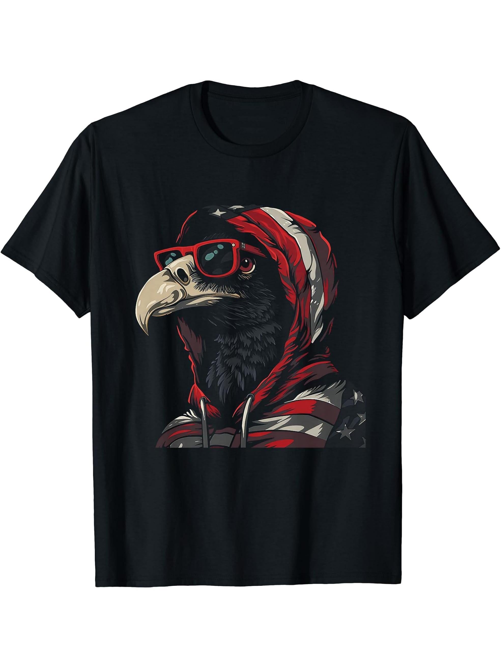 American Flag Bald Eagle USA Pride Patriotic Gift T-Shirt 180G 100% Cotton Printed Round Neck Short-Sleeve T-Shirt, Gifts for Men Dad Husband Grandpa, S-XXXL, Black