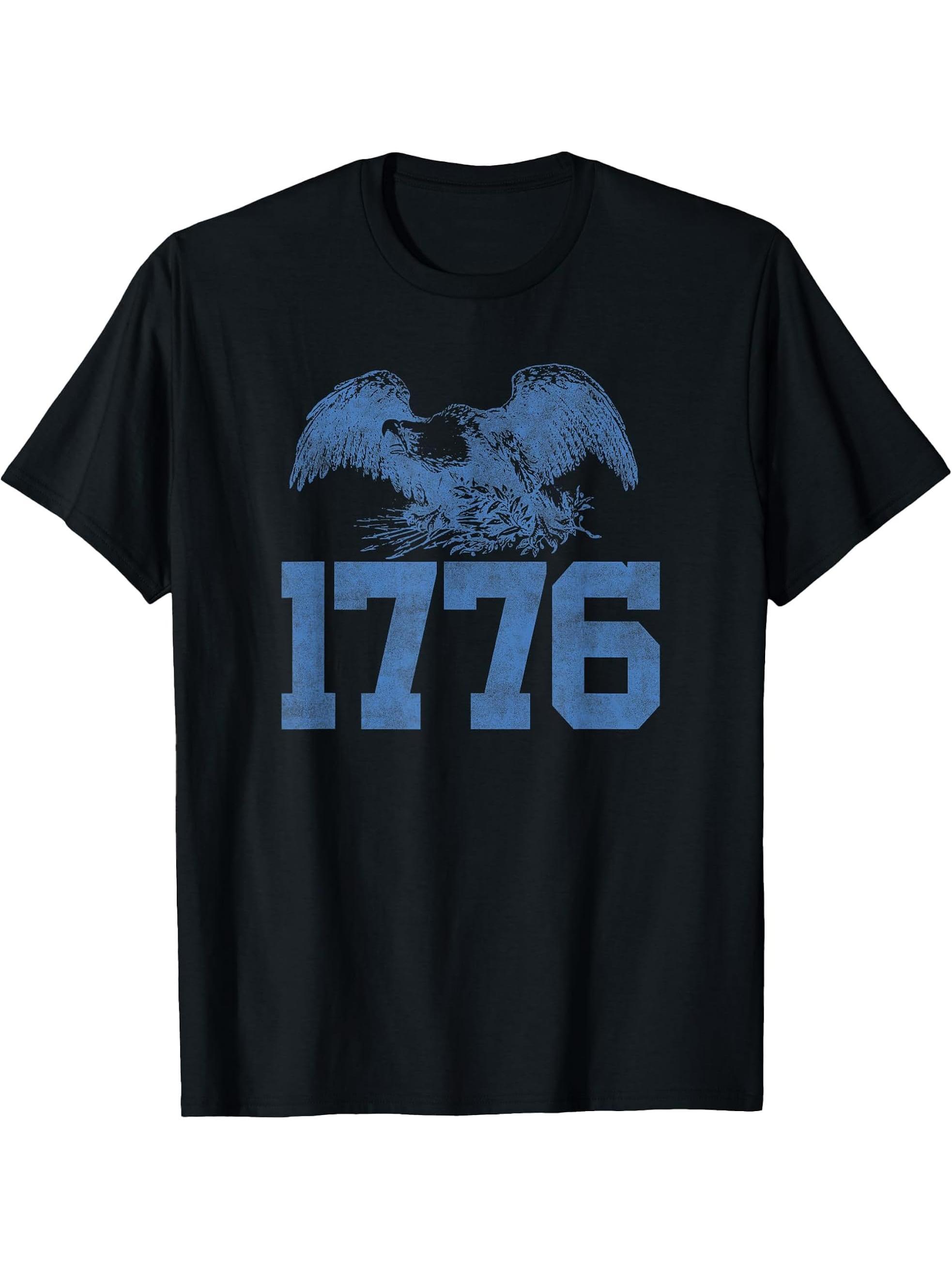 1776 Big Text Bald Eagle Screaming Distressed 4th Of July T-Shirt 180G 100% Cotton Printed Round Neck Short-Sleeve T-Shirt, Gifts for Men Dad Husband Grandpa, S-XXXL, Black