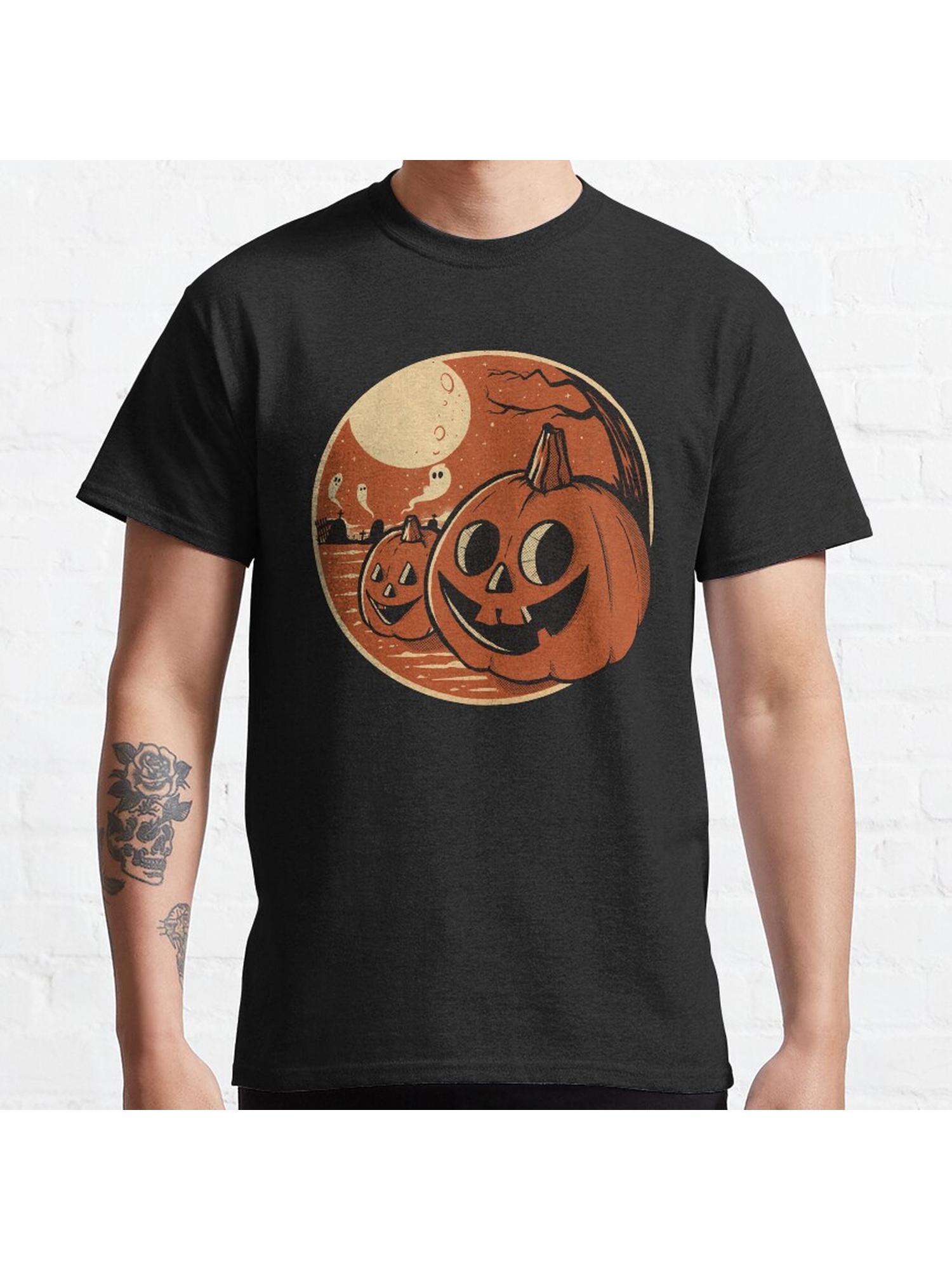 Vintage Halloween Pumpkin Scene Classic T-Shirt 100% Cotton, Gifts for Men Dad Husband Grandpa, S-XXXL, Black