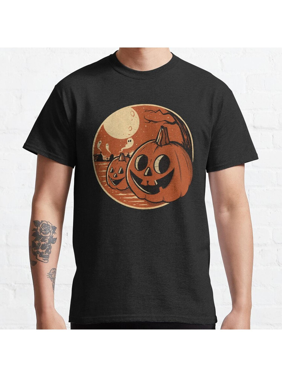 Vintage Halloween Pumpkin Scene Classic T-Shirt 100% Cotton, Gifts for Men Dad Husband Grandpa, S-XXXL, Black