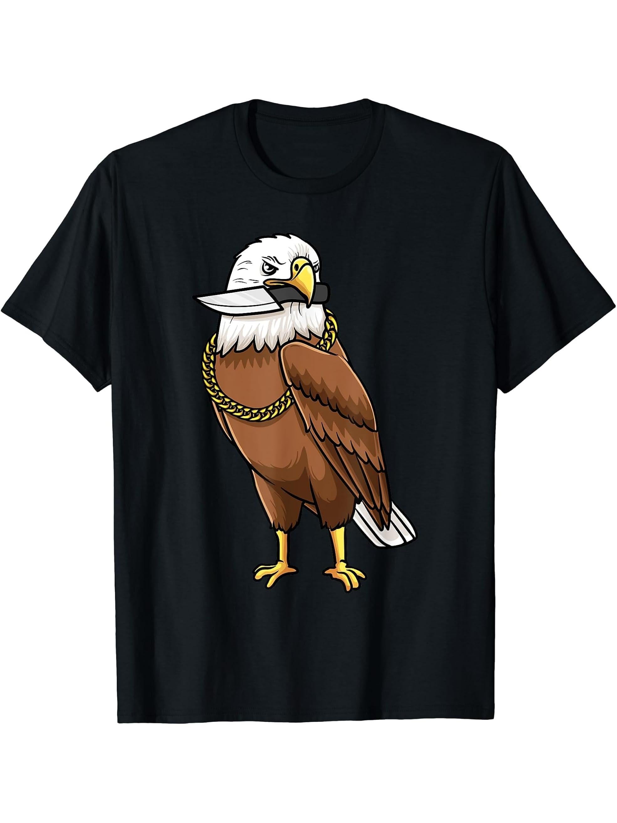 Bald Eagle Bird With Knife Birding Bird Watching Birder T-Shirt 180G 100% Cotton Printed Round Neck Short-Sleeve T-Shirt, Gifts for Men Dad Husband Grandpa, S-XXXL, Black