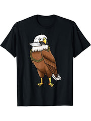Bald Eagle Bird With Knife Birding Bird Watching Birder T-Shirt 180G 100% Cotton Printed Round Neck Short-Sleeve T-Shirt, Gifts for Men Dad Husband Grandpa, S-XXXL, Black