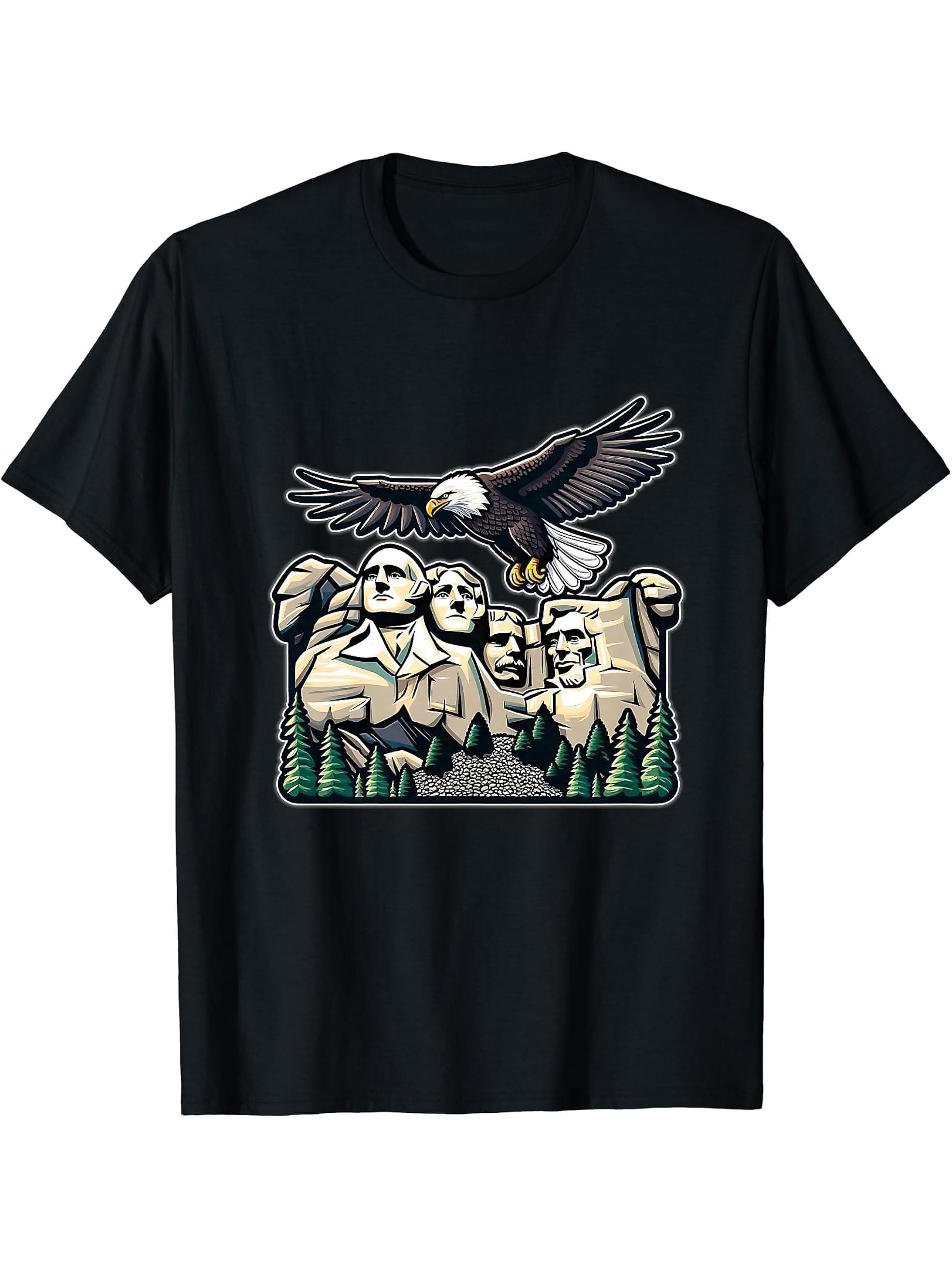 Awesome 4th Of July USA American Bald Eagle Mount Rushmore T-Shirt 180G 100% Cotton Printed Round Neck Short-Sleeve T-Shirt, Gifts for Men Dad Husband Grandpa, S-XXXL, Black