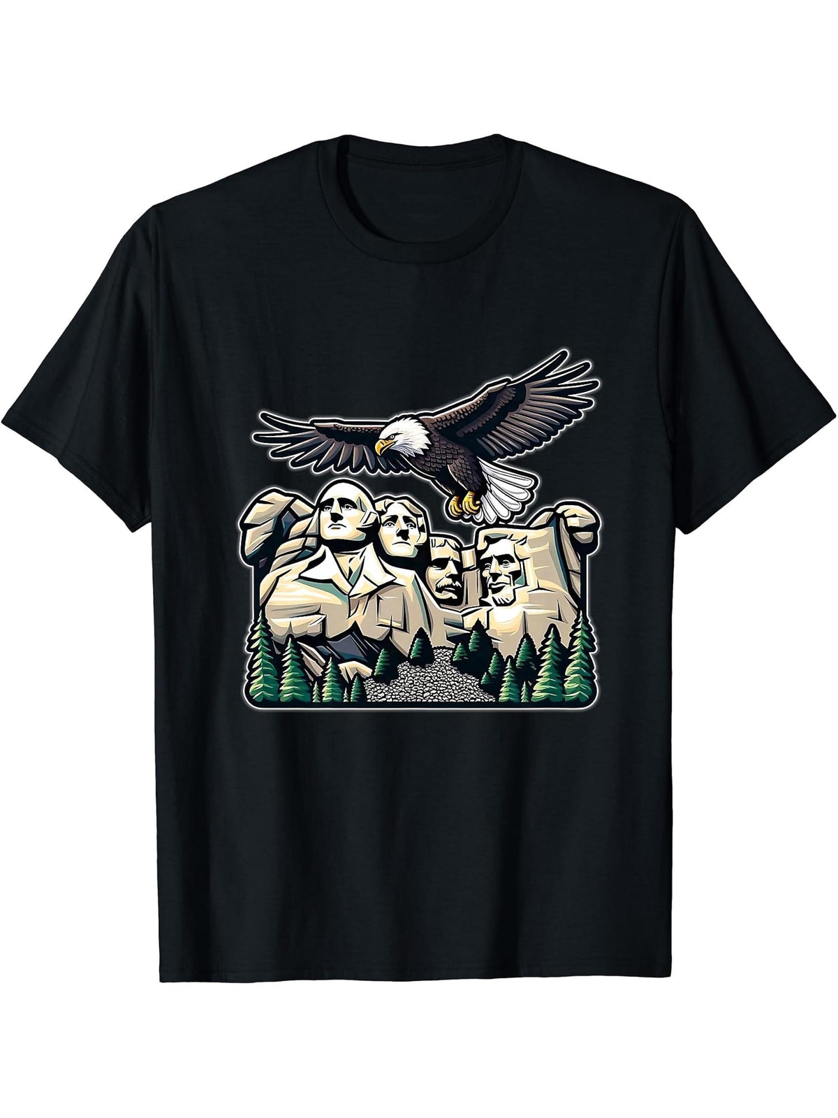 Awesome 4th Of July USA American Bald Eagle Mount Rushmore T-Shirt 180G 100% Cotton Printed Round Neck Short-Sleeve T-Shirt, Gifts for Men Dad Husband Grandpa, S-XXXL, Black