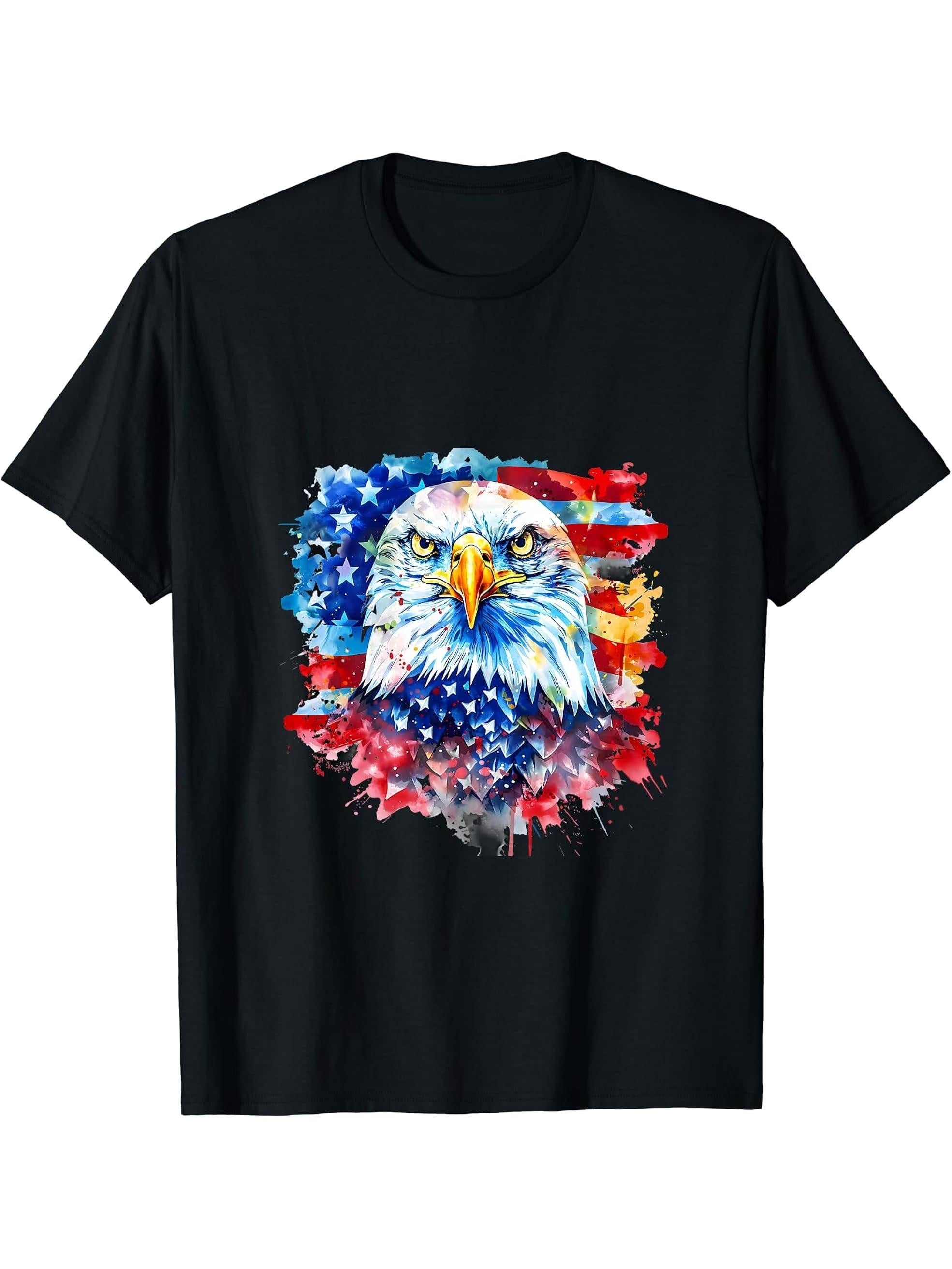 4th Of July Bald Eagle America American Flag USA Patriotic T-Shirt 180G 100% Cotton Printed Round Neck Short-Sleeve T-Shirt, Gifts for Men Dad Husband Grandpa, S-XXXL, Black