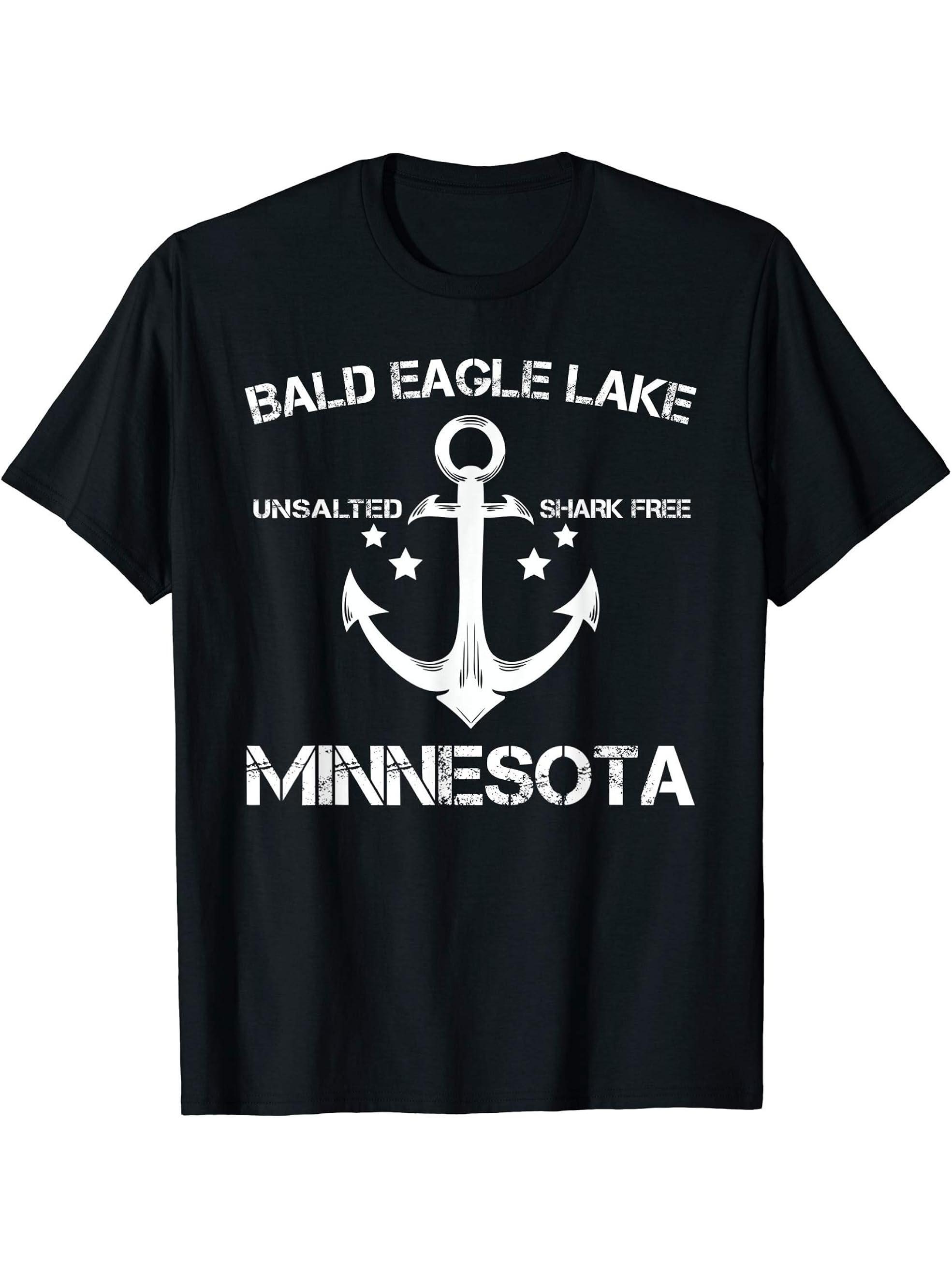 BALD EAGLE LAKE MINNESOTA Funny Fishing Camping Summer Gift T-Shirt 180G 100% Cotton Printed Round Neck Short-Sleeve T-Shirt, Gifts for Men Dad Husband Grandpa, S-XXXL, Black