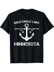 BALD EAGLE LAKE MINNESOTA Funny Fishing Camping Summer Gift T-Shirt 180G 100% Cotton Printed Round Neck Short-Sleeve T-Shirt, Gifts for Men Dad Husband Grandpa, S-XXXL, Black