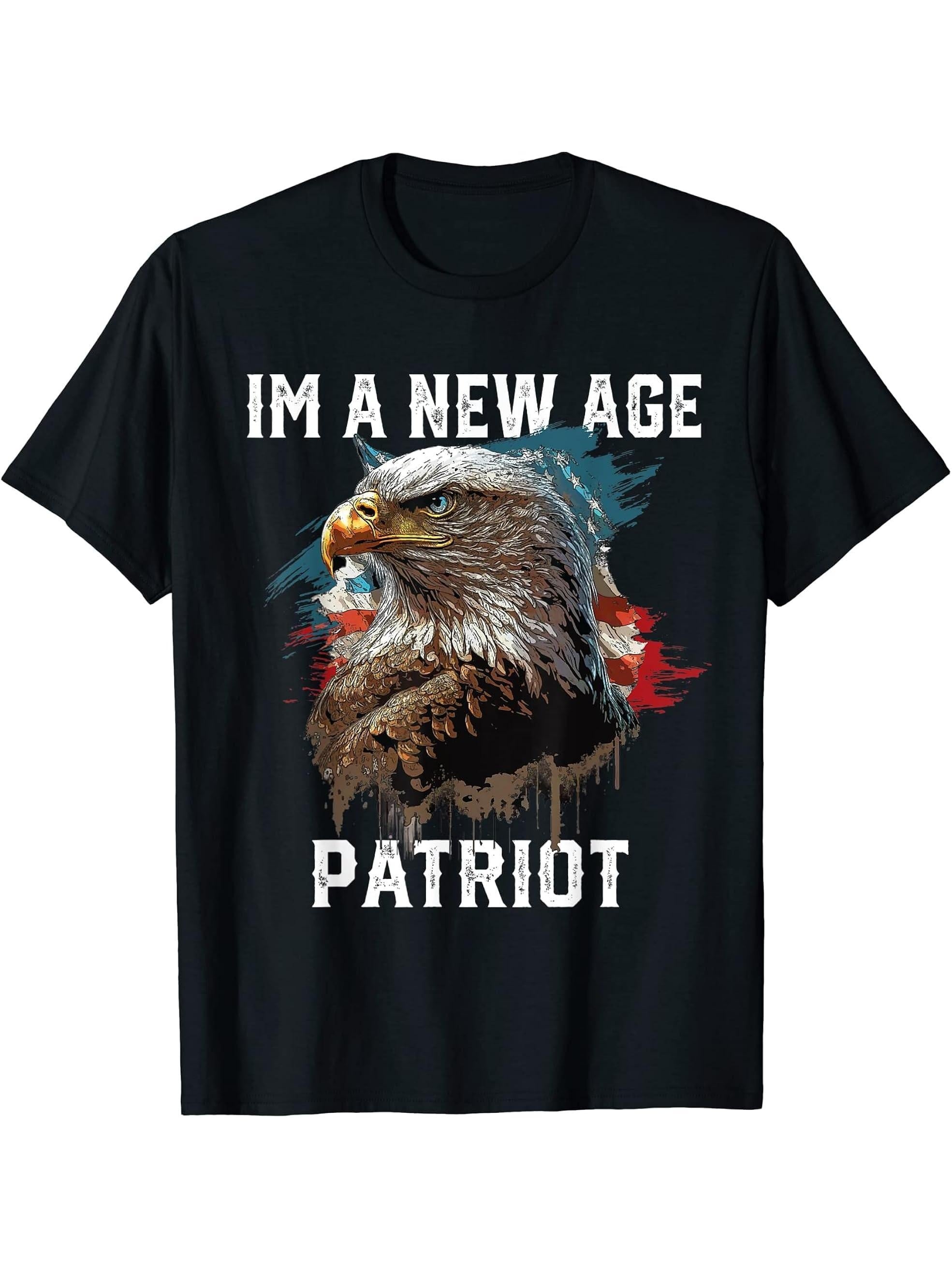 I'm a New Age Patriot USA Flag American Bald Eagle America T-Shirt 180G 100% Cotton Printed Round Neck Short-Sleeve T-Shirt, Gifts for Men Dad Husband Grandpa, S-XXXL, Black