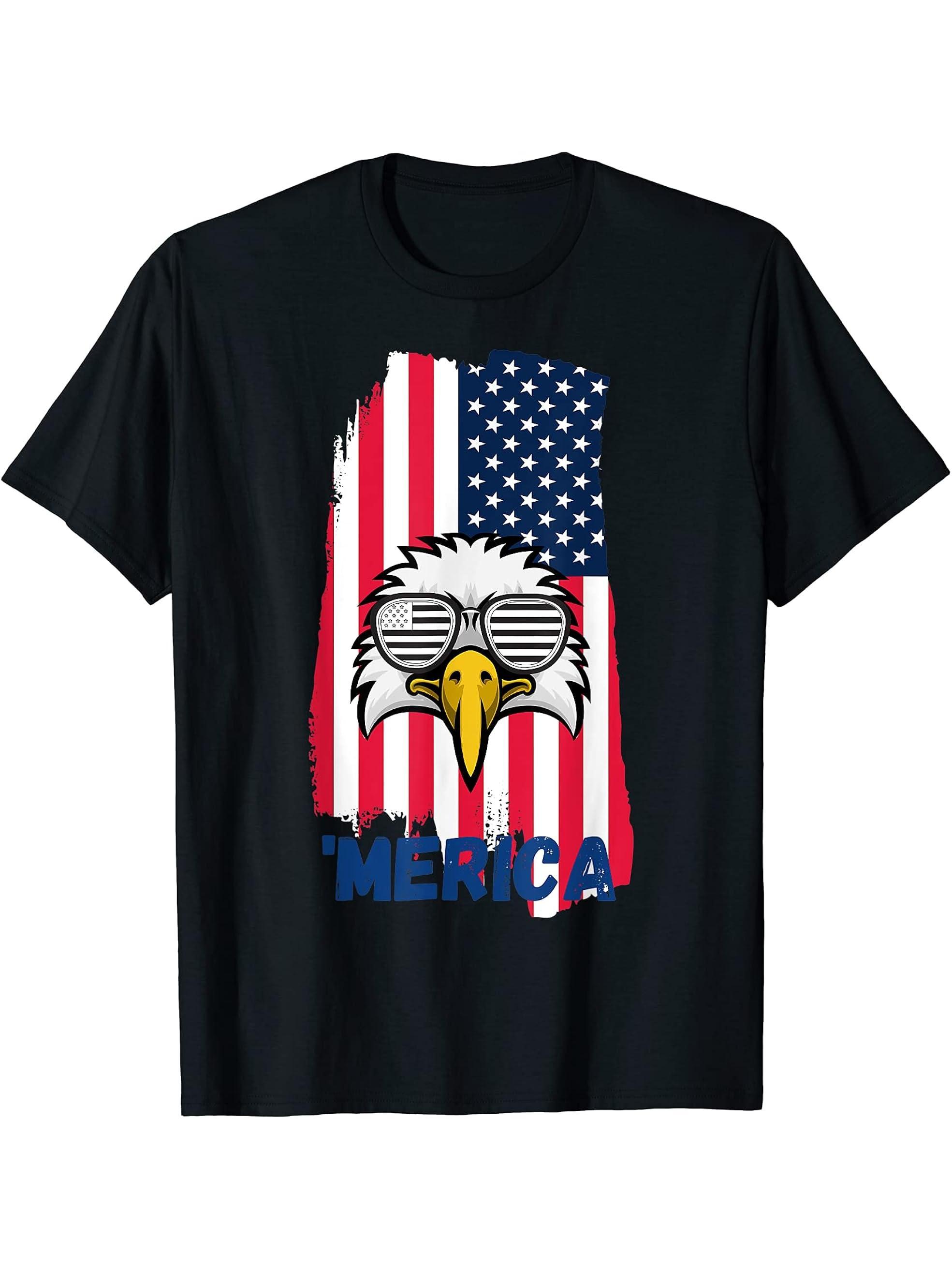 Bald Eagle Patriotic Merica USA Flag 4th Of July Funny Gift T-Shirt 180G 100% Cotton Printed Round Neck Short-Sleeve T-Shirt, Gifts for Men Dad Husband Grandpa, S-XXXL, Black